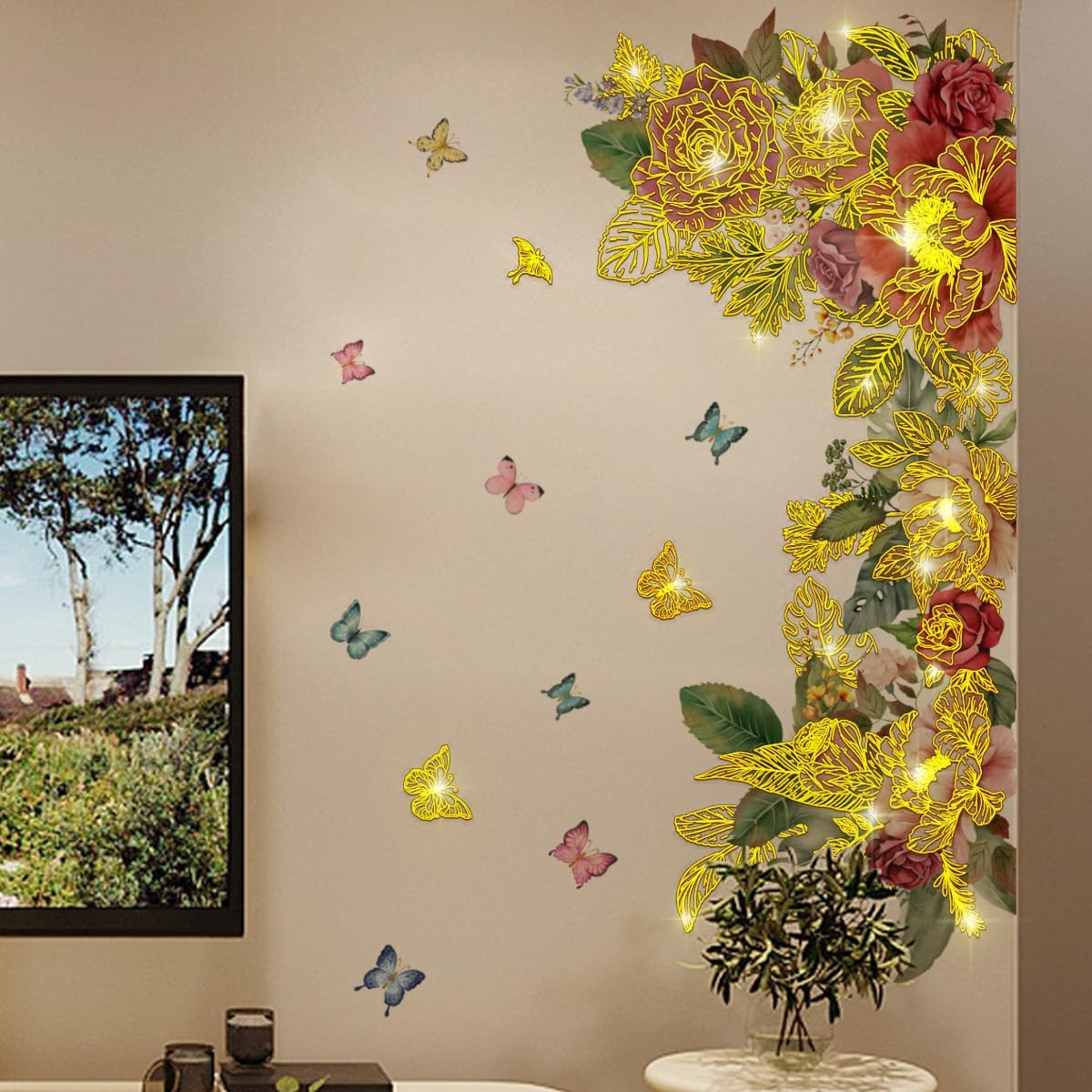 Gold Flower Butterfly Wall Decals Garden Floral Leaves Wall Stickers for Livi…