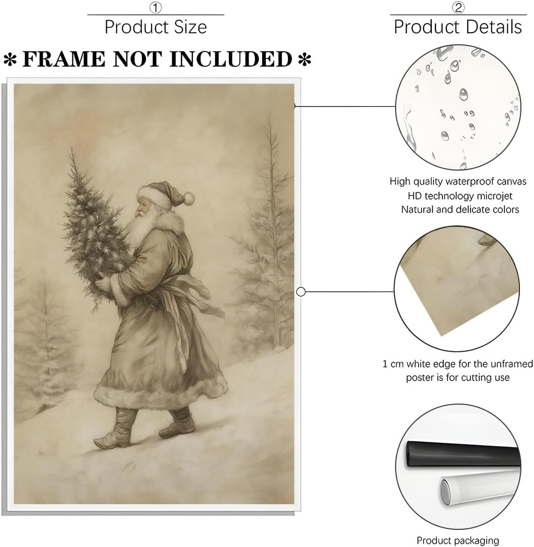Vintage Christmas Wall Art Neutral Sketch Santa Claus Holding Tree Poster Farmho