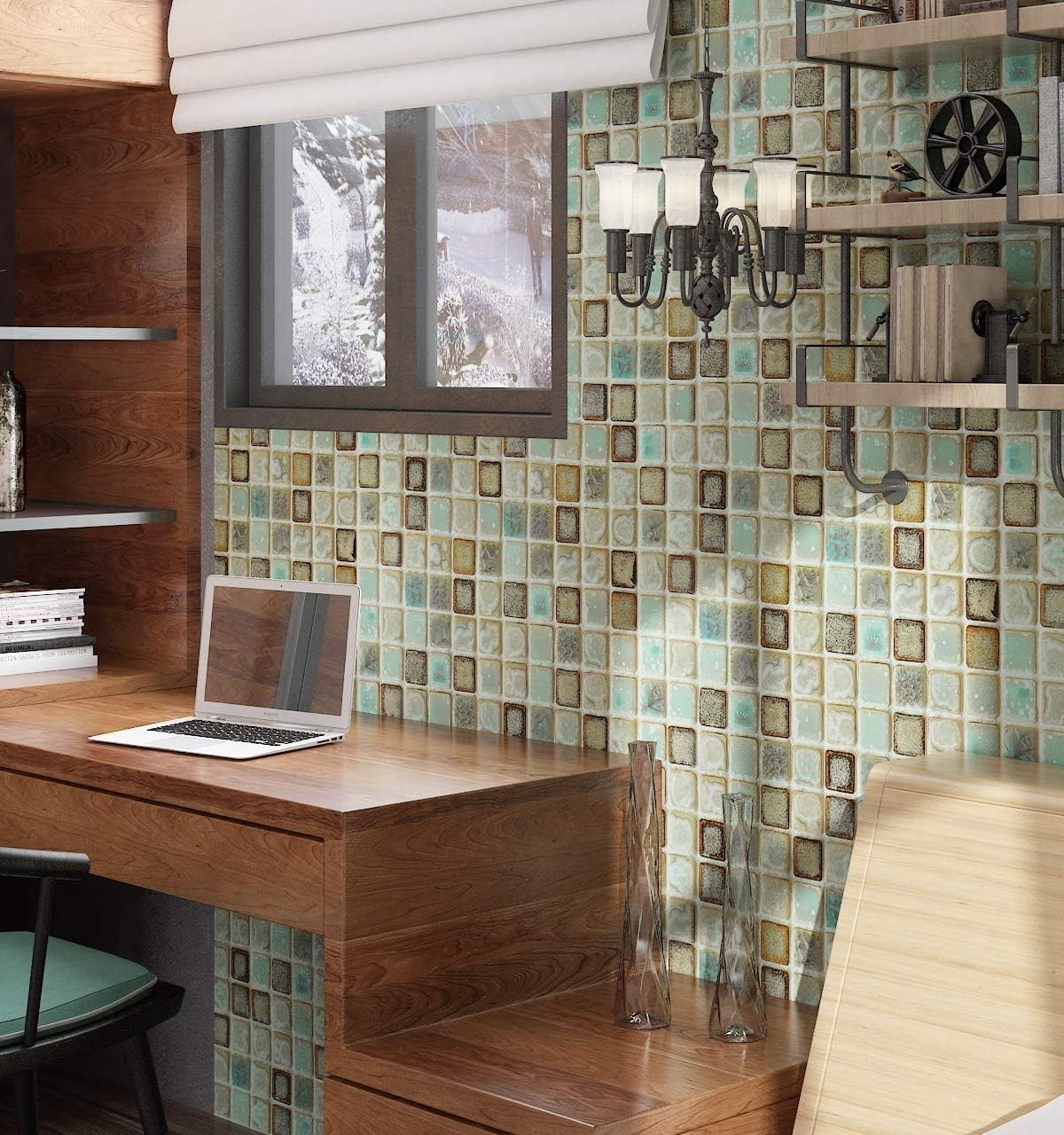 Livelynine Vinyl Bathroom Wallpaper Peel and 15.8 x 78.8, Green Mosaic Tiles