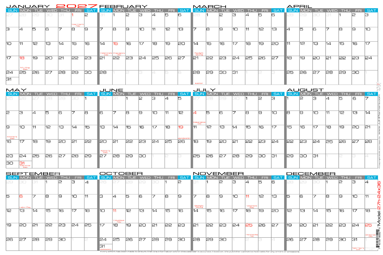 2027 Folded Paper – 24" X 36" Large Erasable Wall Calendar – Horizontal