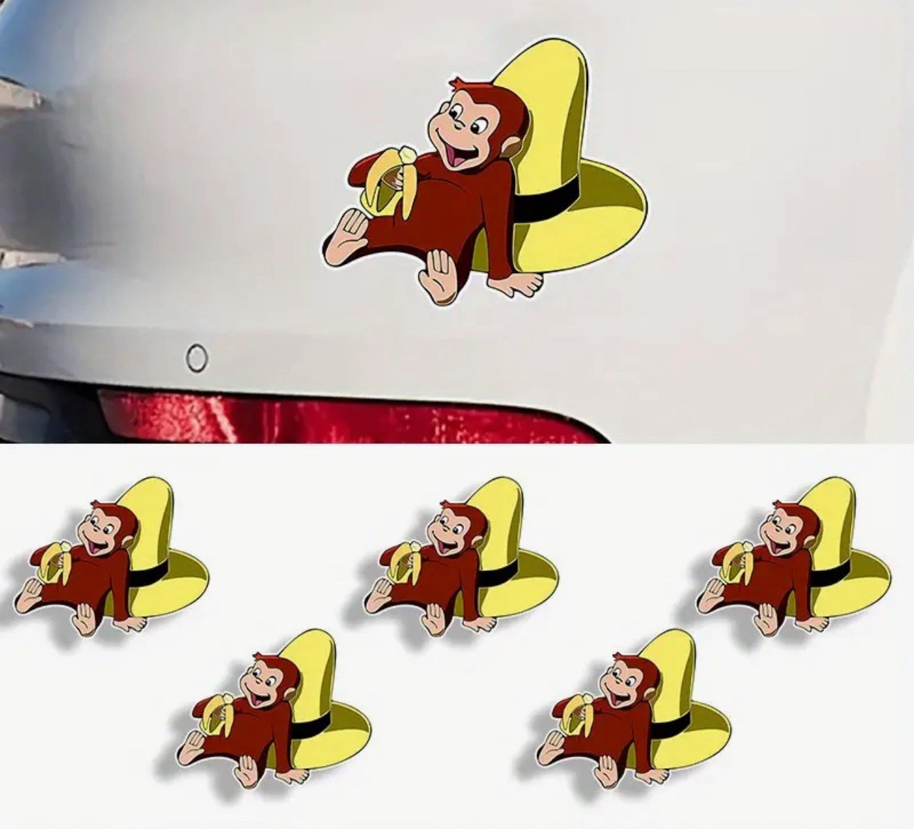 Curious George Monkey Banana Cartoon Car Bumper Vinyl Sticker Decal 5.5”x4.5”