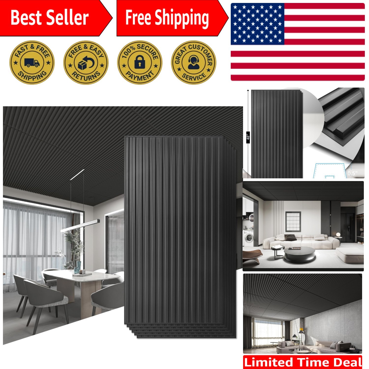 Elegant 12-Pack Black PVC Ceiling & Wall Panels, 24×48 in., Easy Install