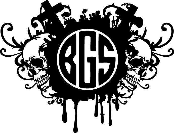 Skulls Monogram Custom Initials Decal Window Bumper Sticker Car Goth Crosses
