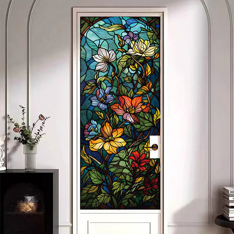 Flower Stained Glass Window Film Privacy Frosted Glass Film Static Cling Sticker