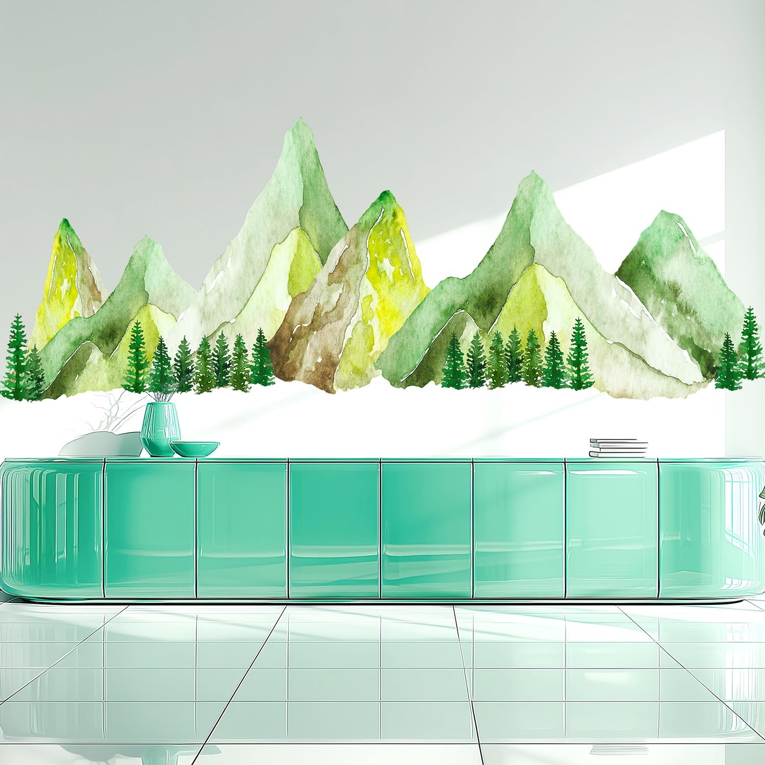Mountain Wall Decal with Pine Trees – Scenic Forest Range Wall Stickers, Boho…