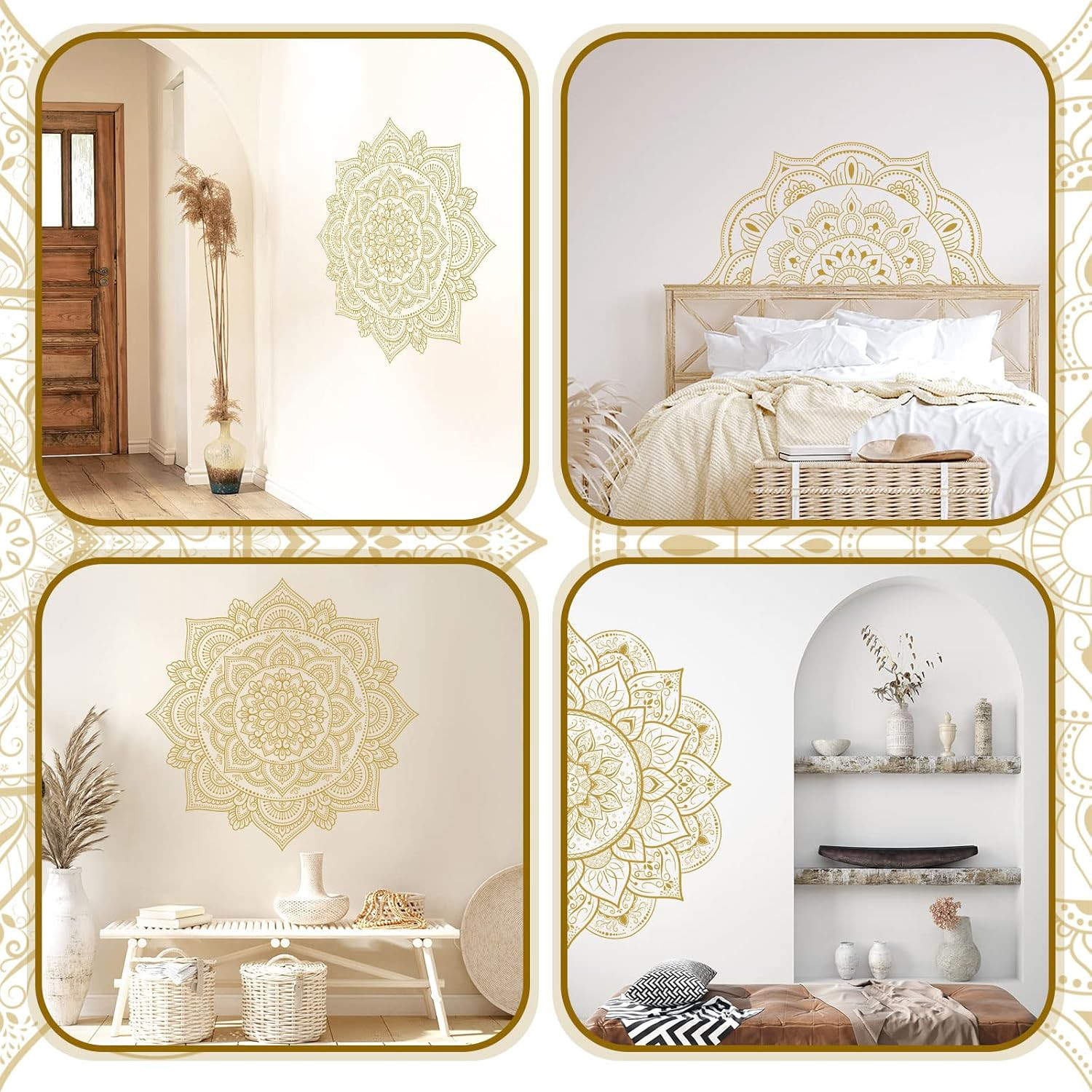 Chinco 4 Pcs Gold Half Mandala Wall Decal Boho Mandala Sticker Lotus Flower Viny