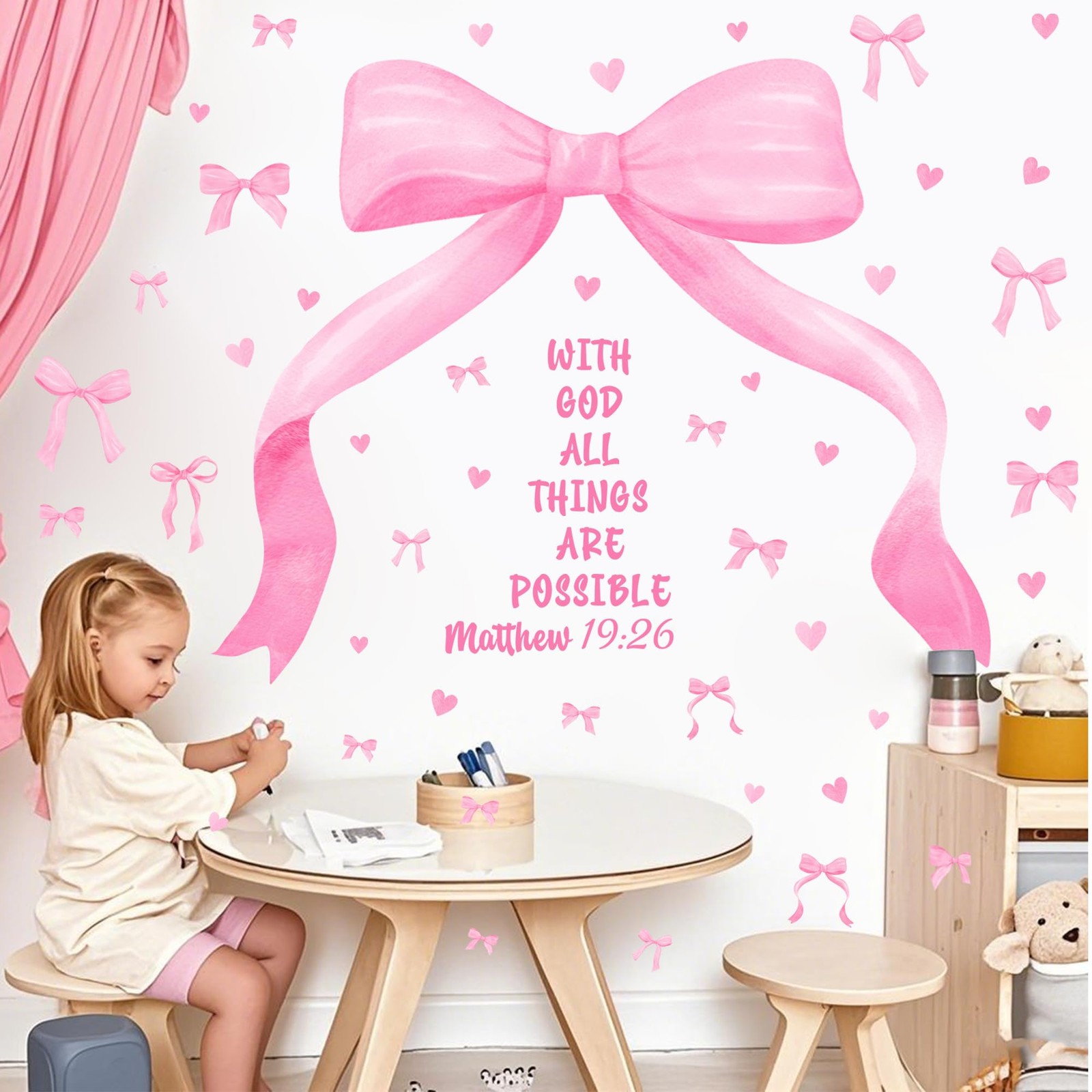 Large Watercolor Girls Room Wall Decals Pink Bow Wall Stickers Peel and Stick…