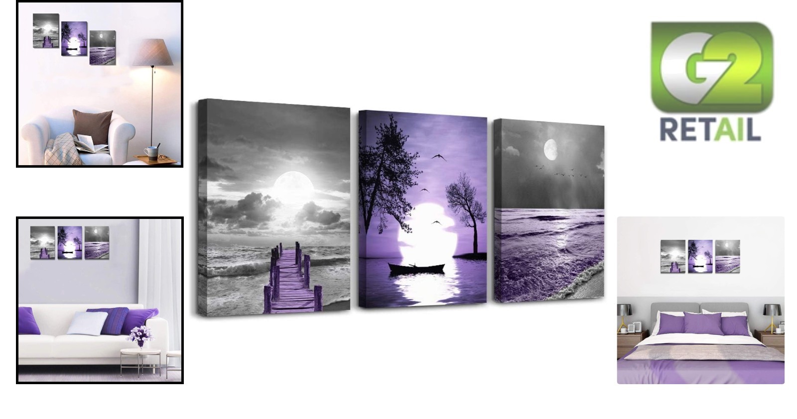 Elegant 3-Piece Framed Canvas Art Set – Modern Landscape in Purple Hues