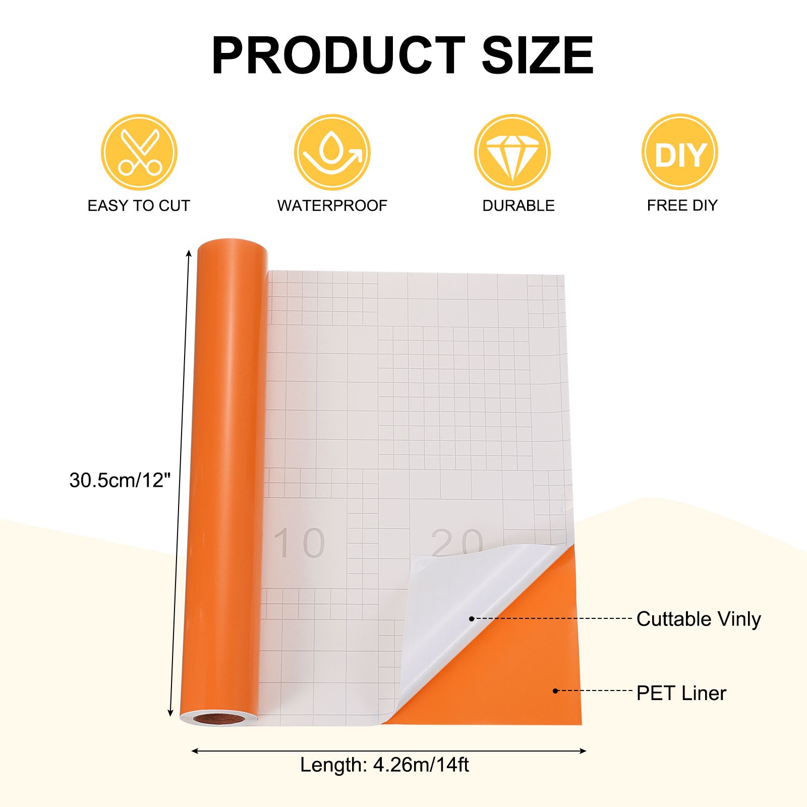 Permanent Orange Vinyl Adhesive Film, 14ft x 12" Roll for Vinyl