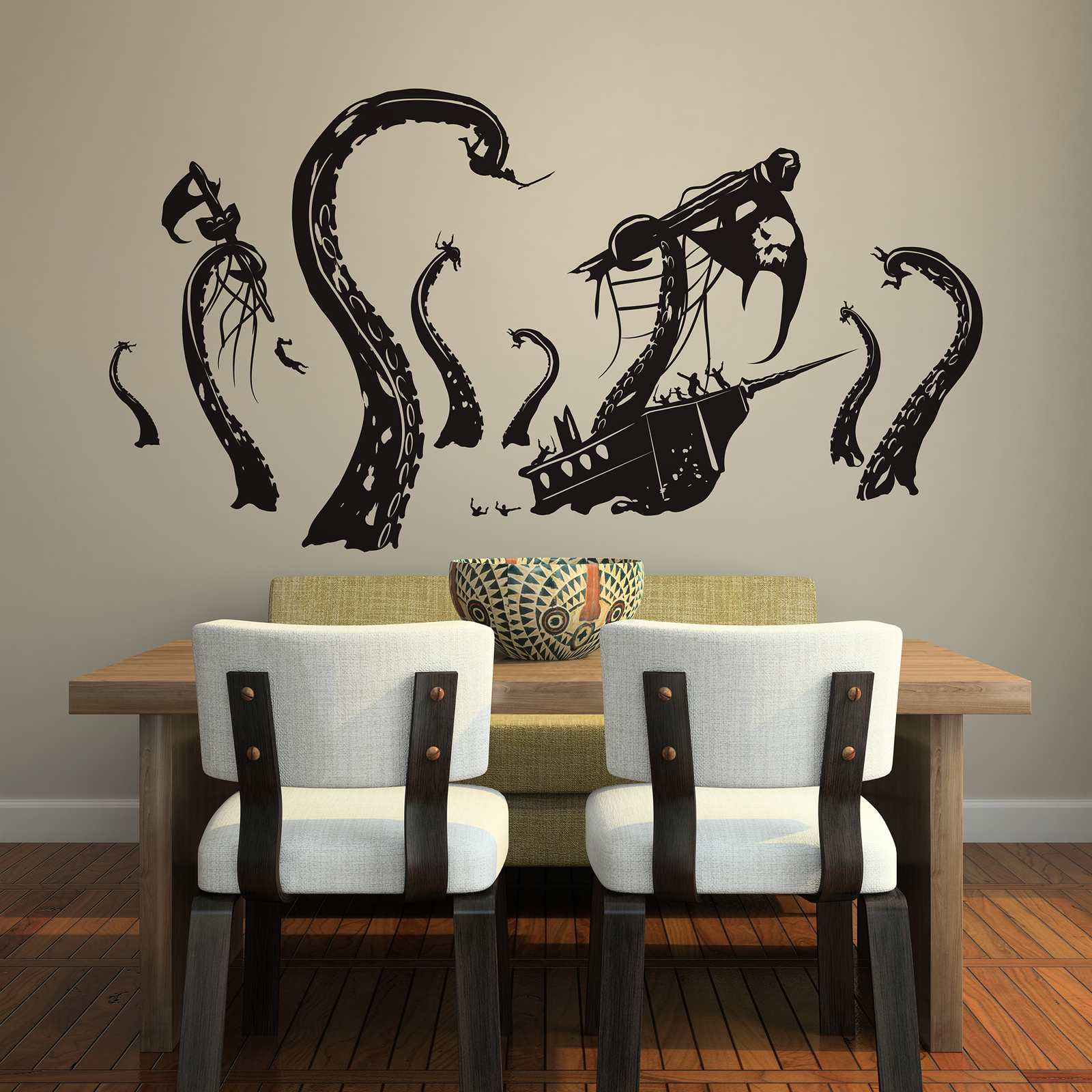 Pirate Ships attacked by Kraken Wall Decal Sticker. Beach Nautical Theme Decor.