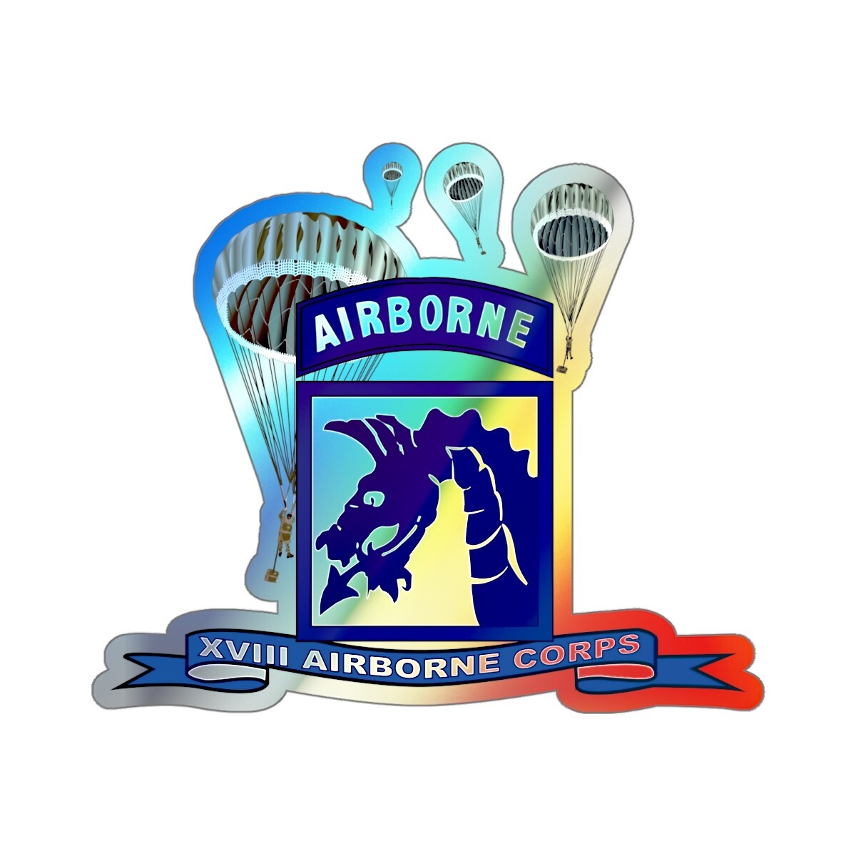 Holographic Die-cut Stickers – XVIII Airborne Corps w Parachute – Ribbon