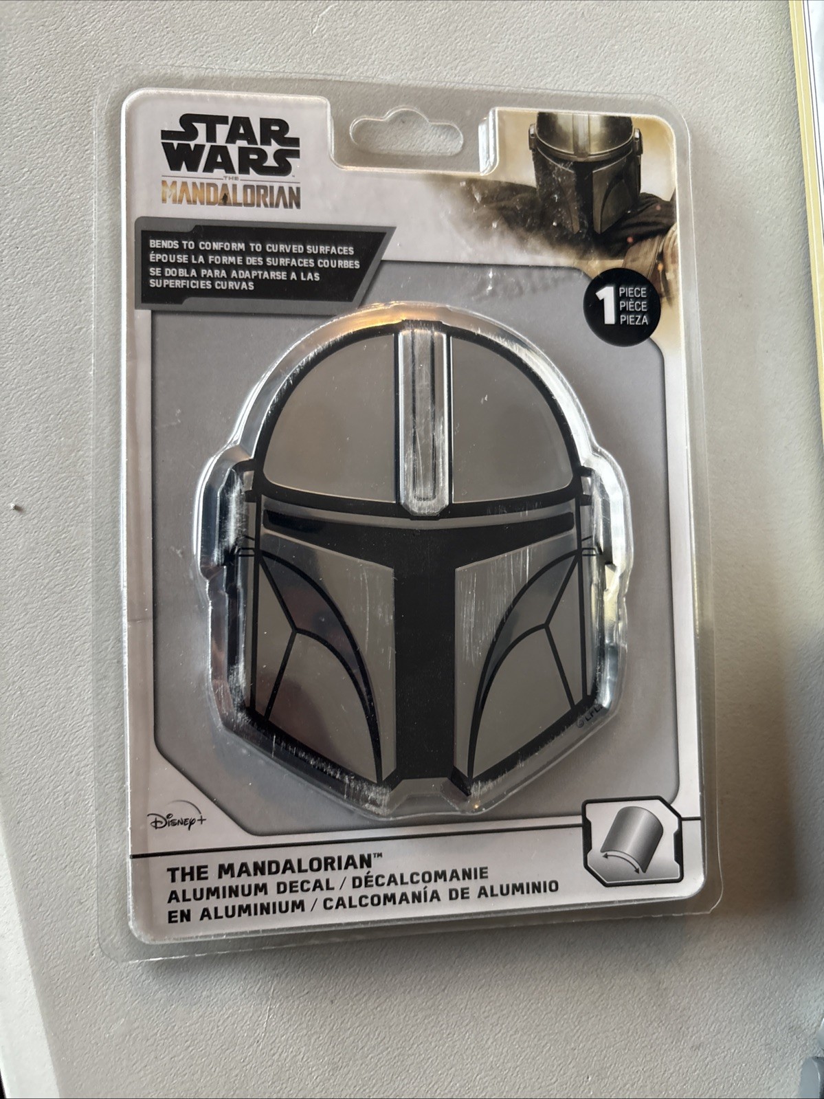 Disney Star Wars Mandalorian Aluminum Car Decal Mando Helmet Design, Chrome