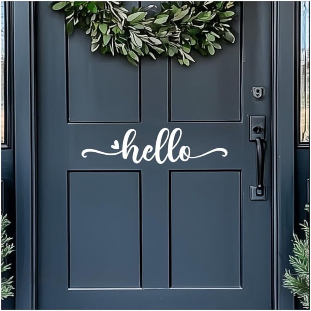Hello Door Decal – White Vinyl Front Door Sticker – “Hello” Greeting Wall