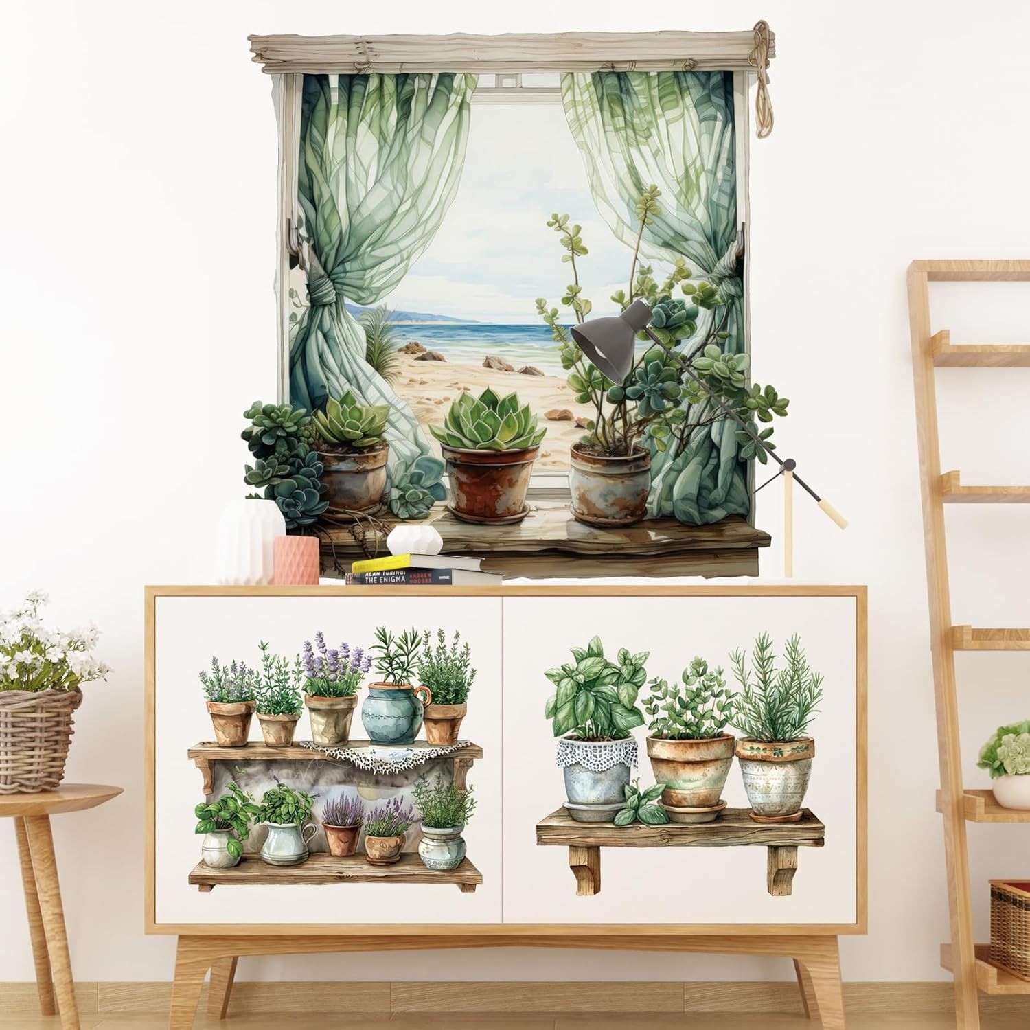 3D Potted Plant Fake Windows Wall Decals Green Plants Succulent Wall Stickers