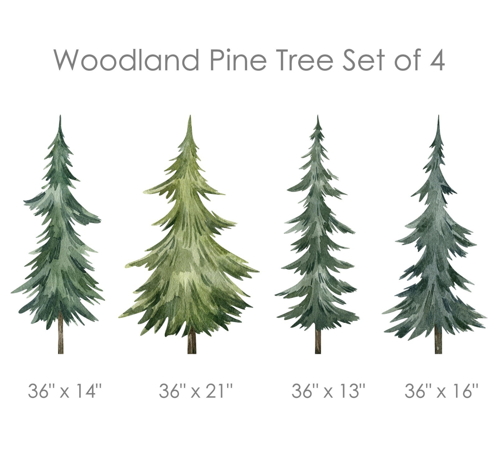 Woodland Pine Tree Wall Decal Tree Nursery Decor Set, MEDIUM Set of 4 Trees