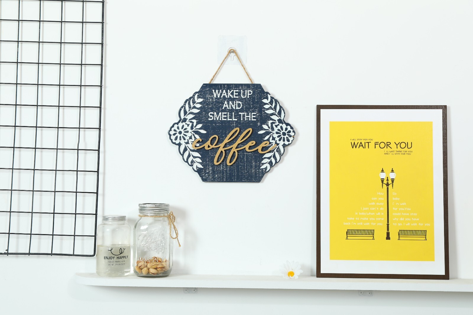 Rustic Wood Coffee Signs Decor for Coffee Bar, Hanging Wall Sign with Rope