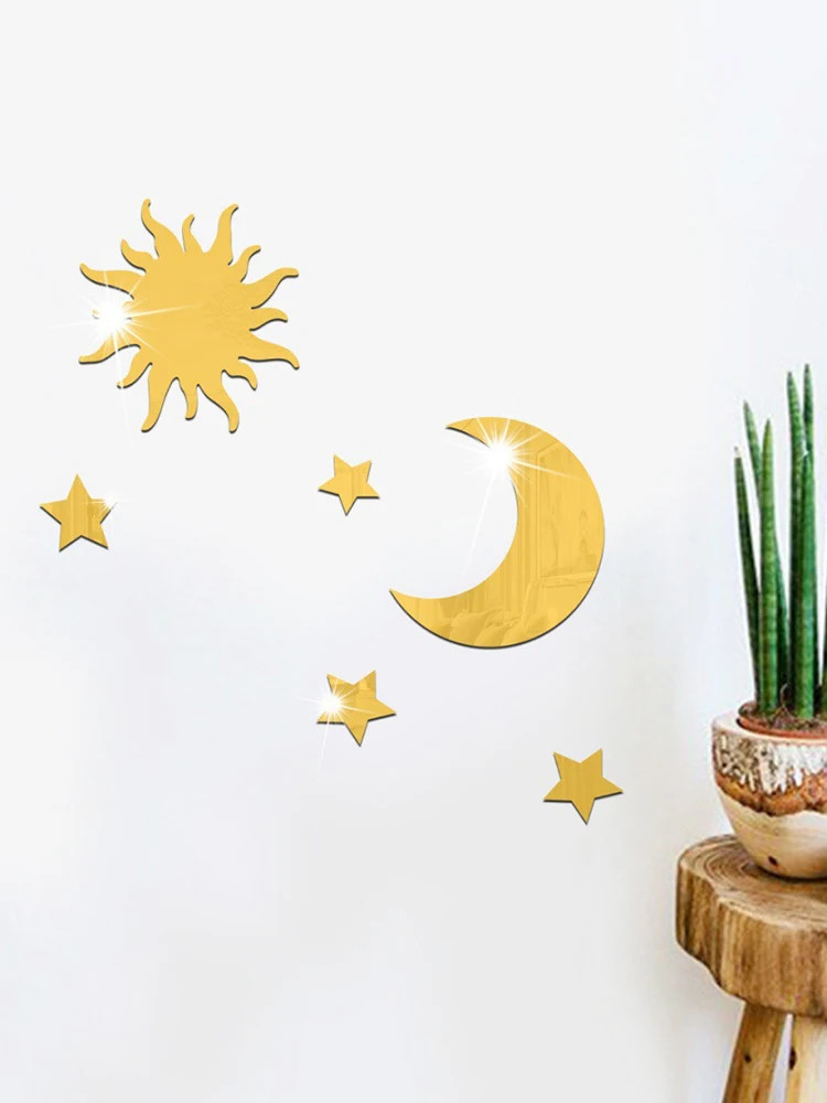 Star Moon Combination Mirror Stickers 6PCS Acrylic Stereo Self Adhesive Wall Art