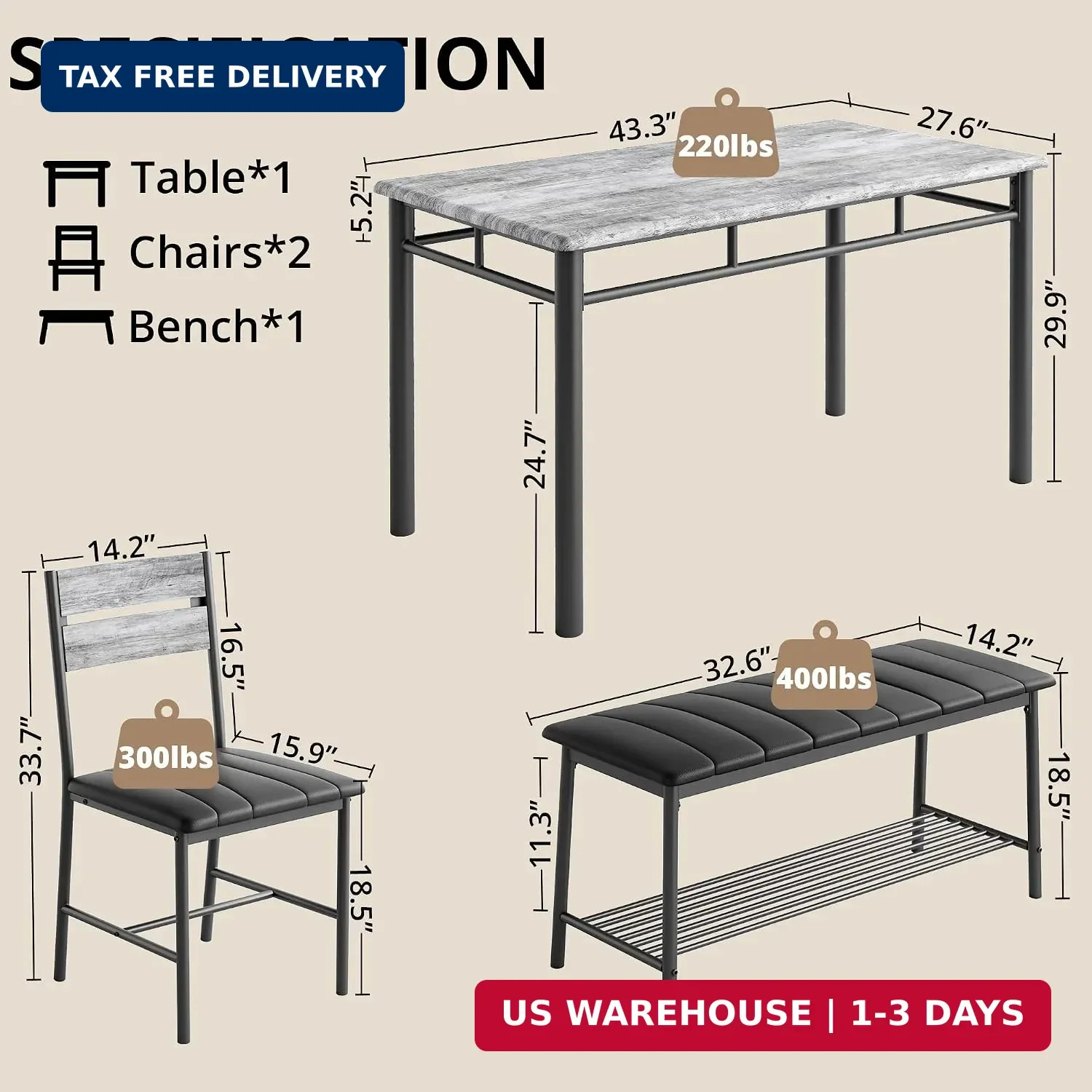 4 Piece Dining Table Set with Upholstered Bench 2 Chairs Gray for Small Space
