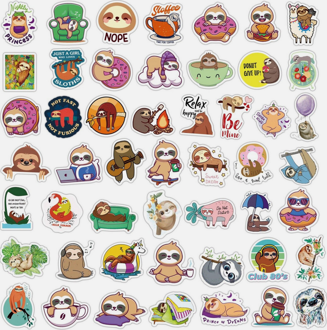 LOT OF 50 PCS CUTE SLOTH cartoon Characters Stickers coffee donut unicorn FUN