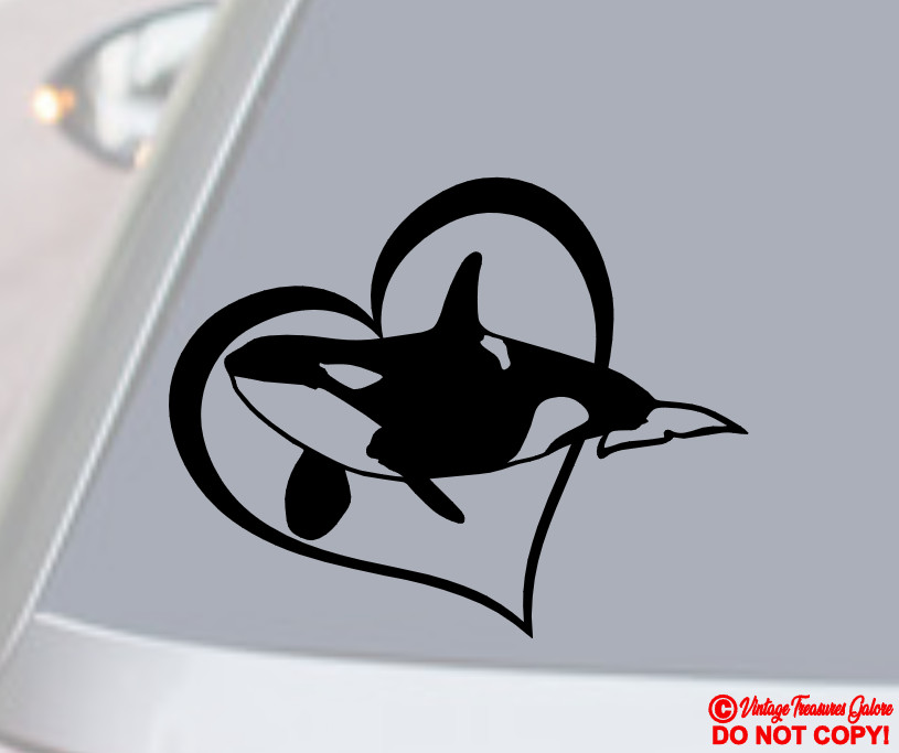ORCA KILLER WHALE HEART Vinyl Decal Sticker Car Rear Window Wall Bumper Sea Life