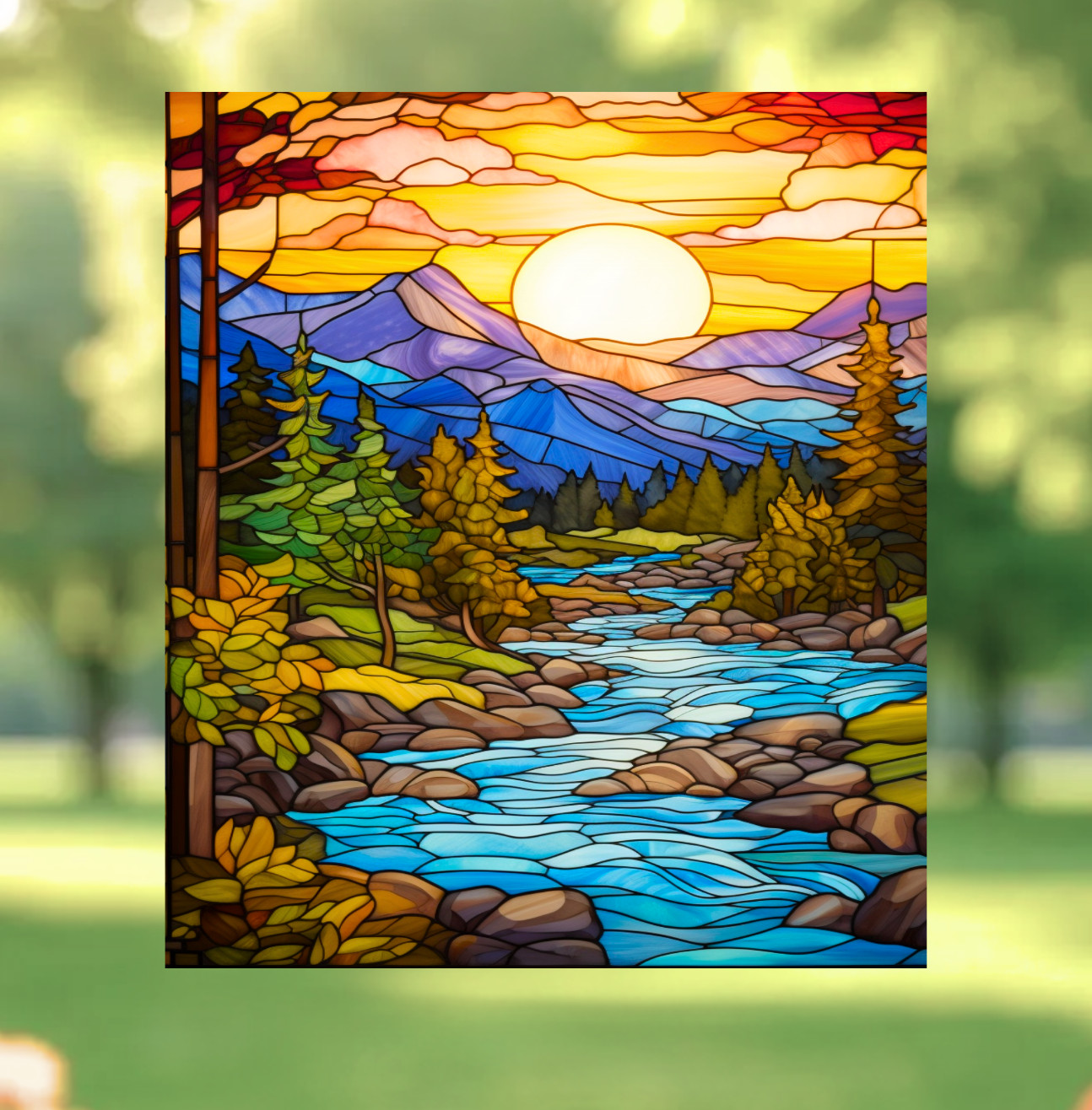 River at Sunset Faux Stained-Glass WINDOW CLING Size 9.3" Repositionable Vinyl