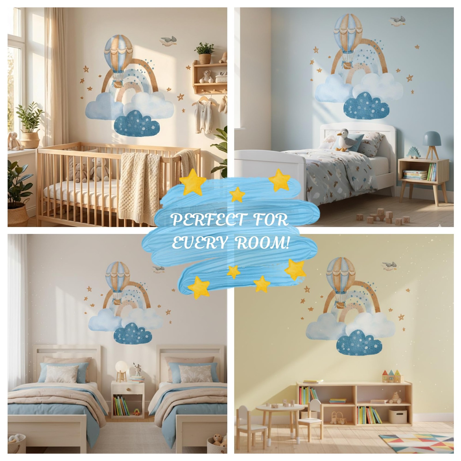 Hot Air Balloon & Clouds Wall Decals – Peel and Stick Watercolor Rainbow Déc…