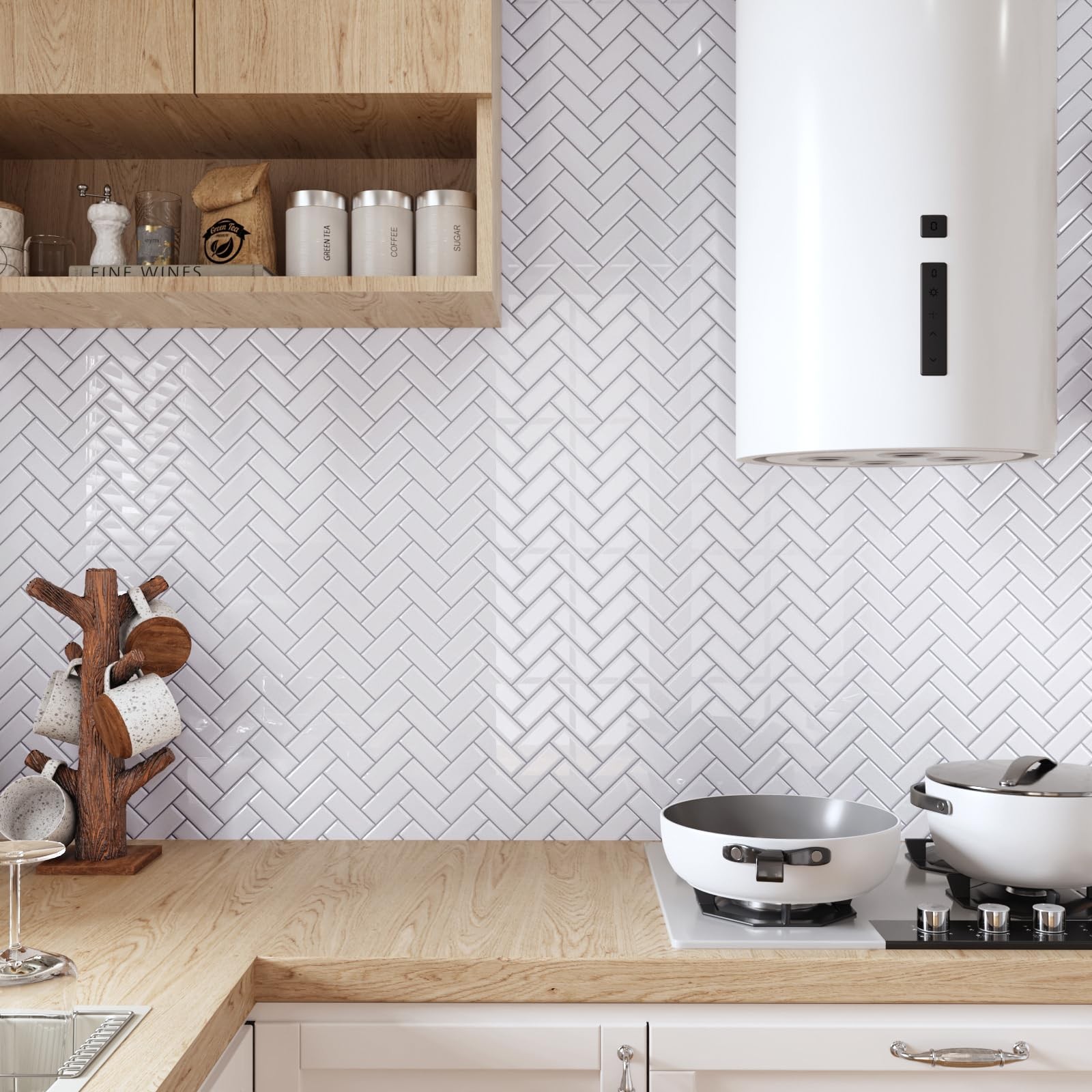 4 Sheets White Herringbone Peel and Stick Backsplash for Kitchen 12"x12" Peel…