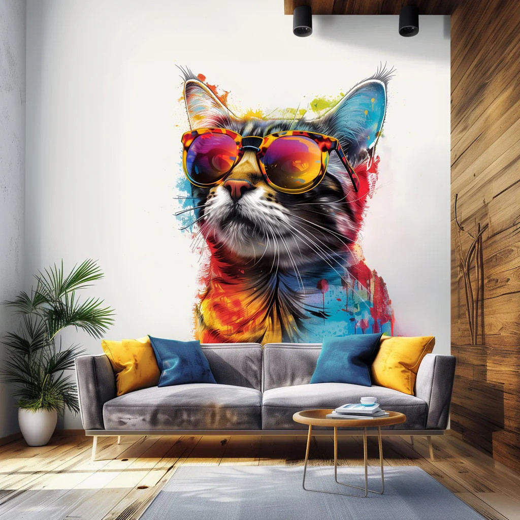 Colorful Maine Coon Cat Wall Sticker with Sunglasses – Modern Kittent Art Decal