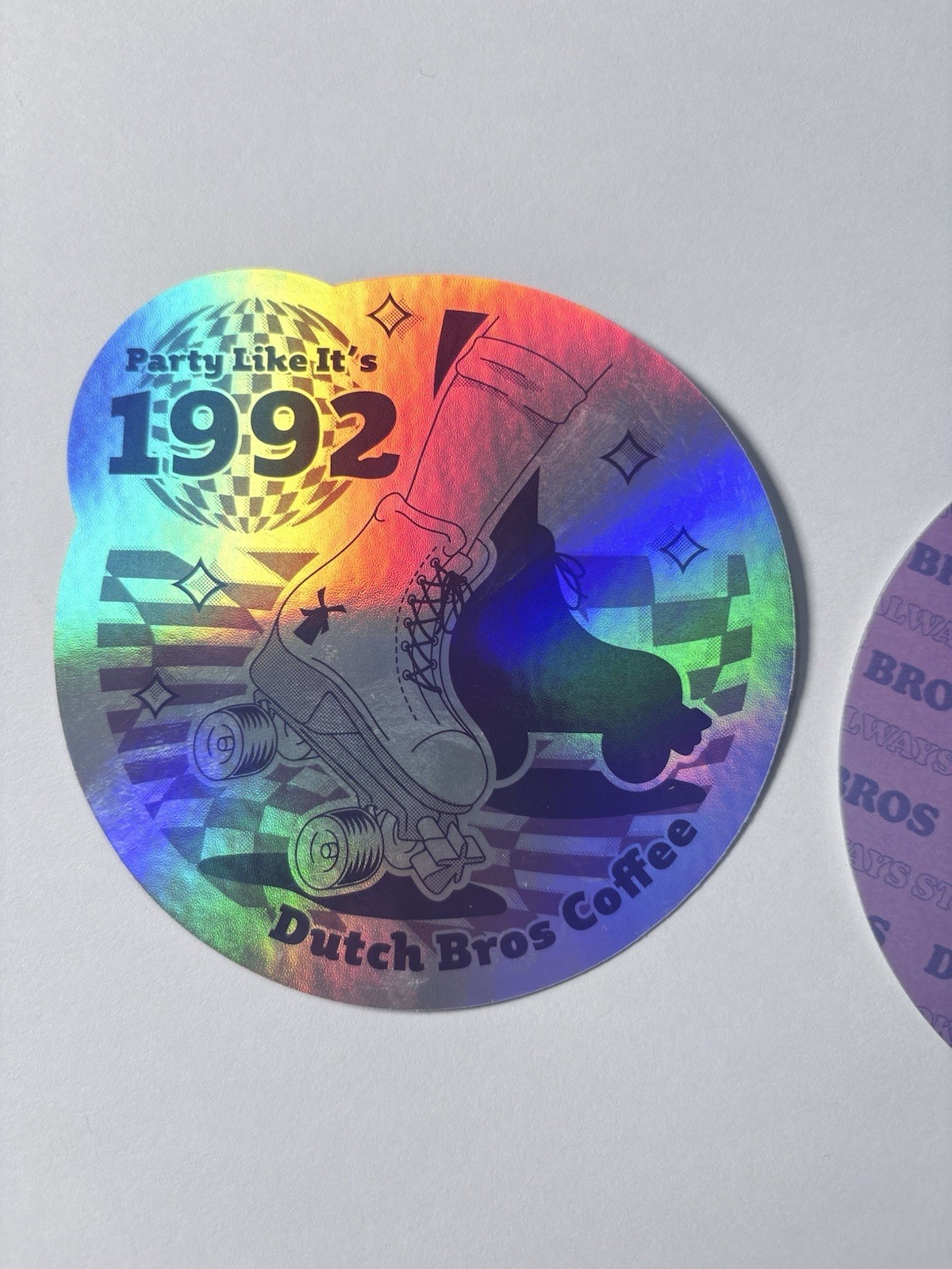 Dutch Bros Holographic Party Sticker 1992 Roller Skate Theme