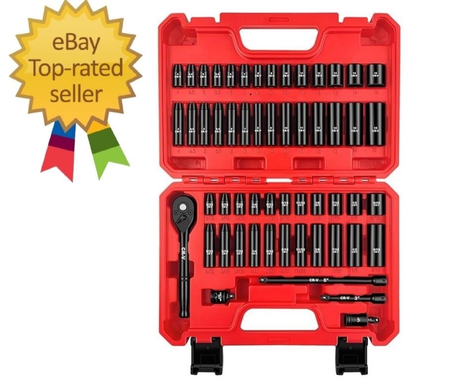 1/4" Drive Impact Socket Set, 55 Piece, Sae/Metric, Deep/Shallow, Cr-V Steel, 6