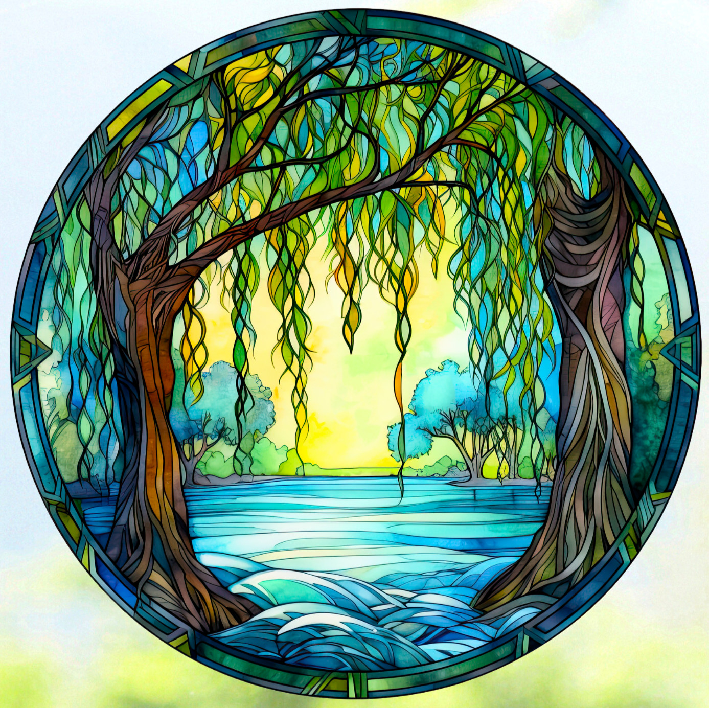 Weeping Willow Trees Faux Stained-Glass WINDOW CLING Size 8" Round Vinyl