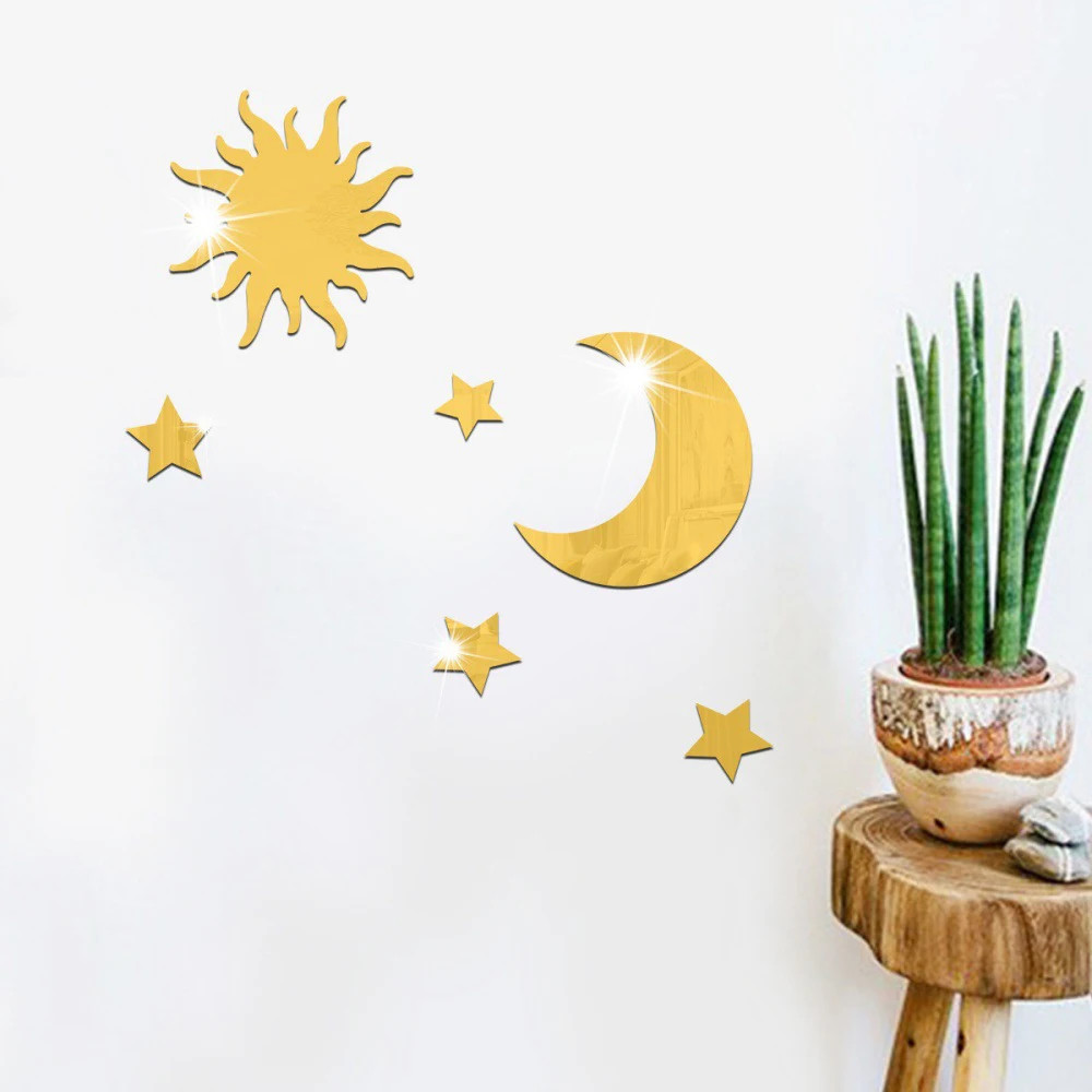 Star Moon Combination Mirror Stickers 6PCS Acrylic Stereo Self Adhesive Wall Art
