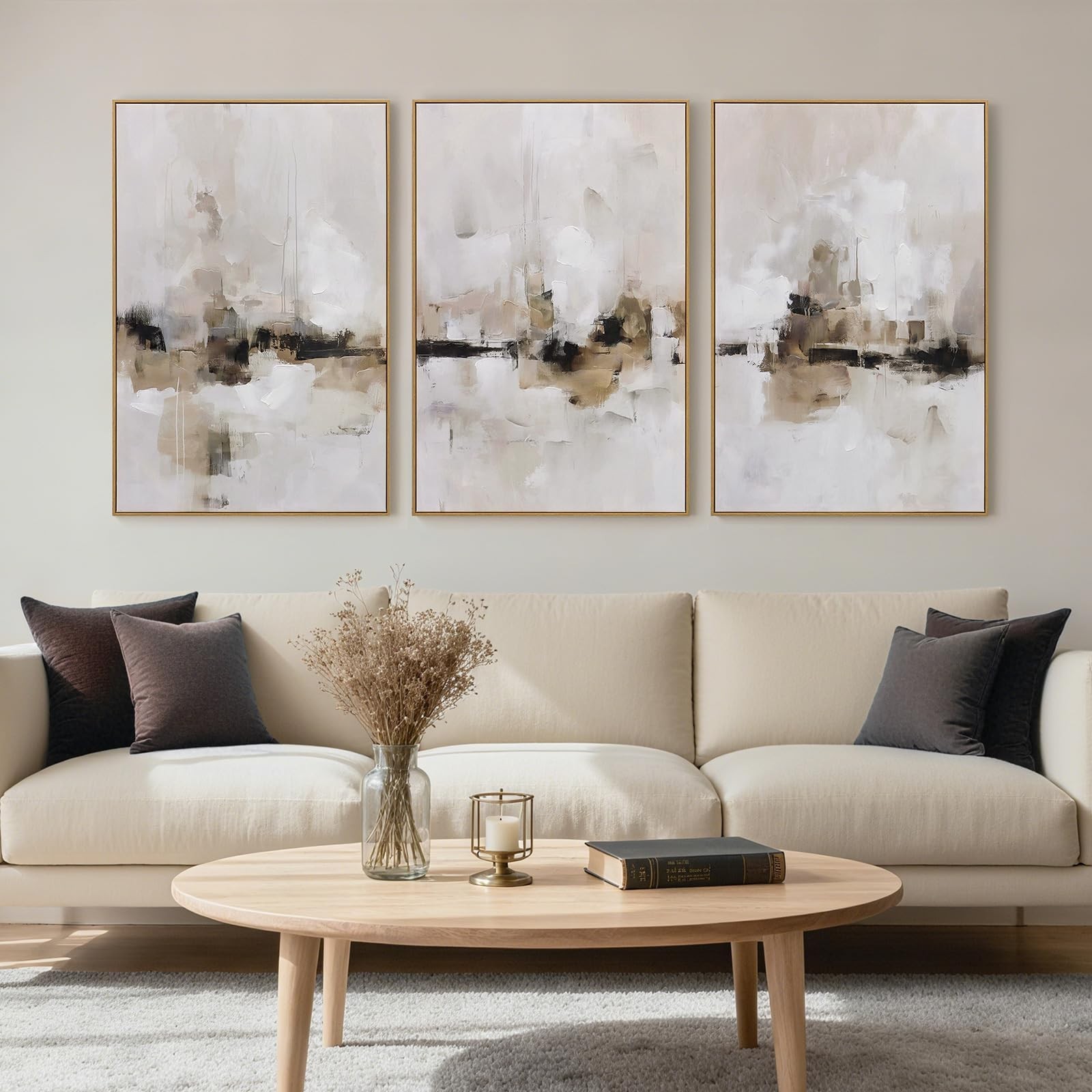 Abstract Neutral Textured Framed Canvas Wall Art Set, Minimalist Wall Decor A…