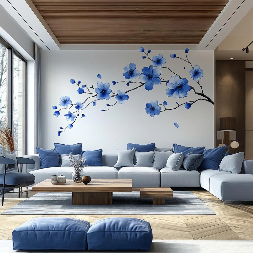 Blue Flower Branch Wall Decal | Large Sakura Floral Vinyl Sticker