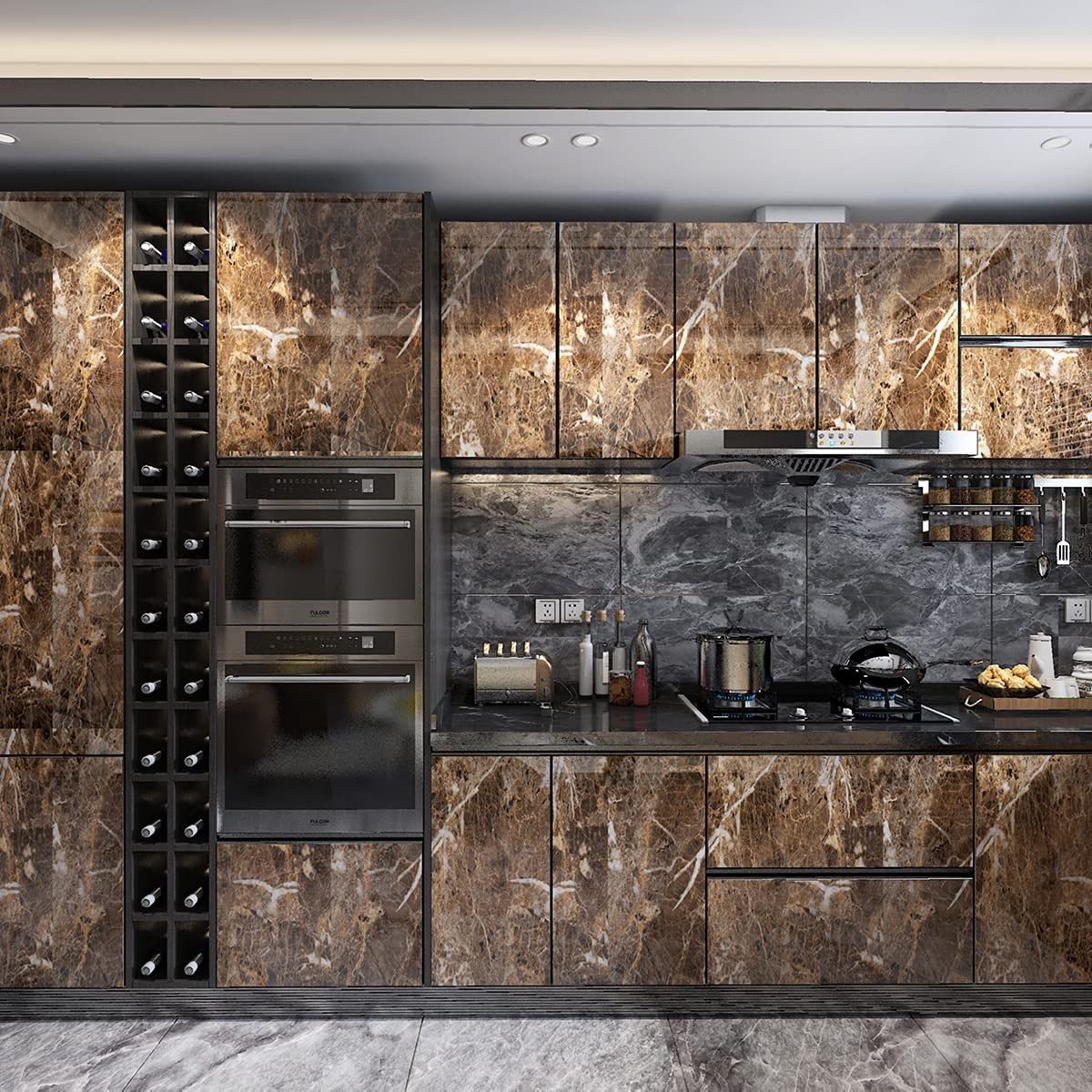 48x197inch Extra Wide Glossy Brown Marble Wallpaper Peel Stick Matte Thick Wa…