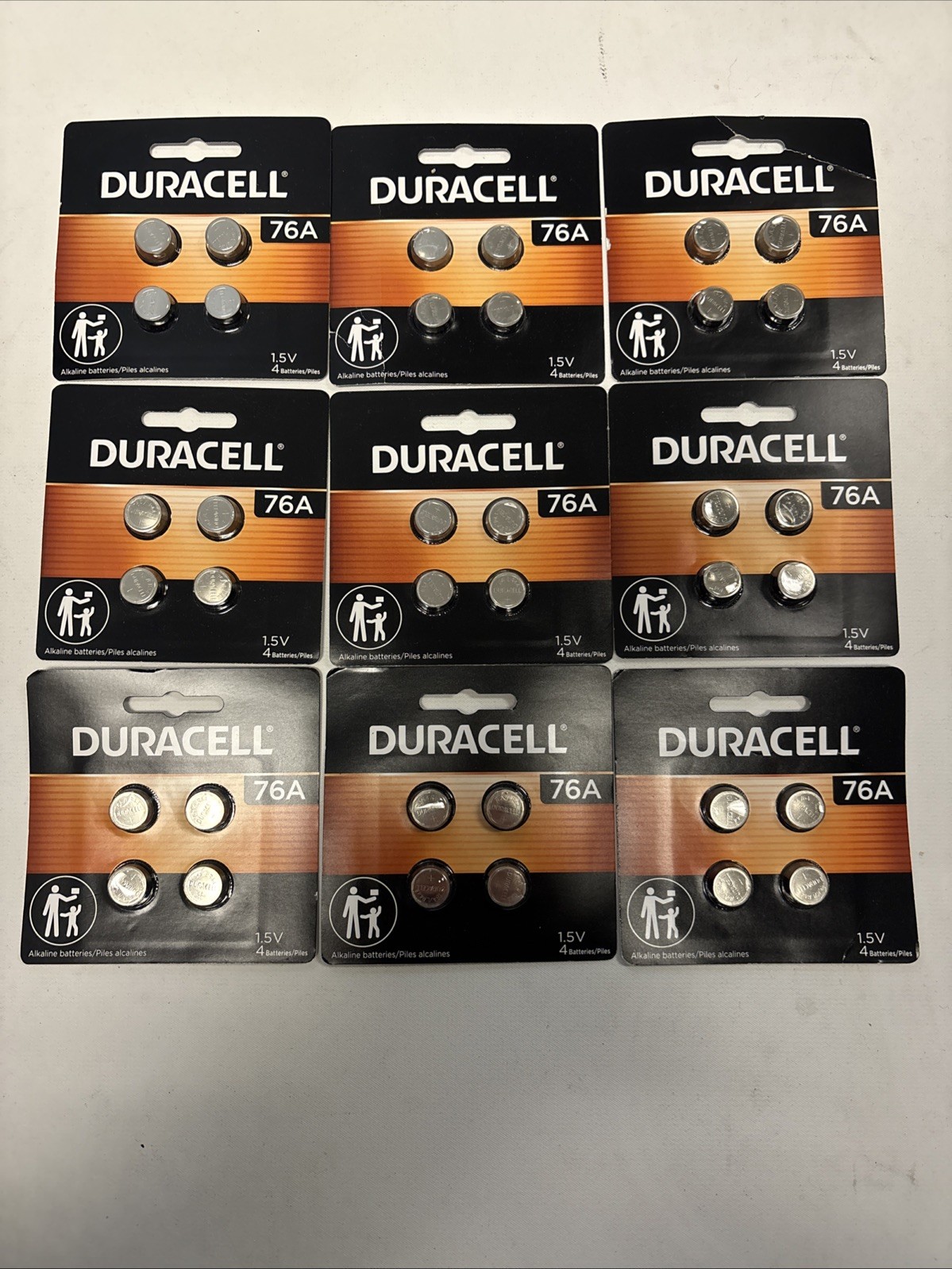 9 PACKS Duracell 76A, LR44, 1.5V 36 Total Batteries