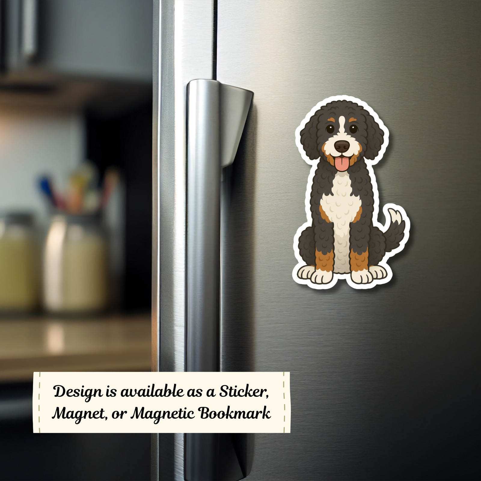 Personalized Bernedoodle Dog Sticker Magnet Bookmark – Tri-color