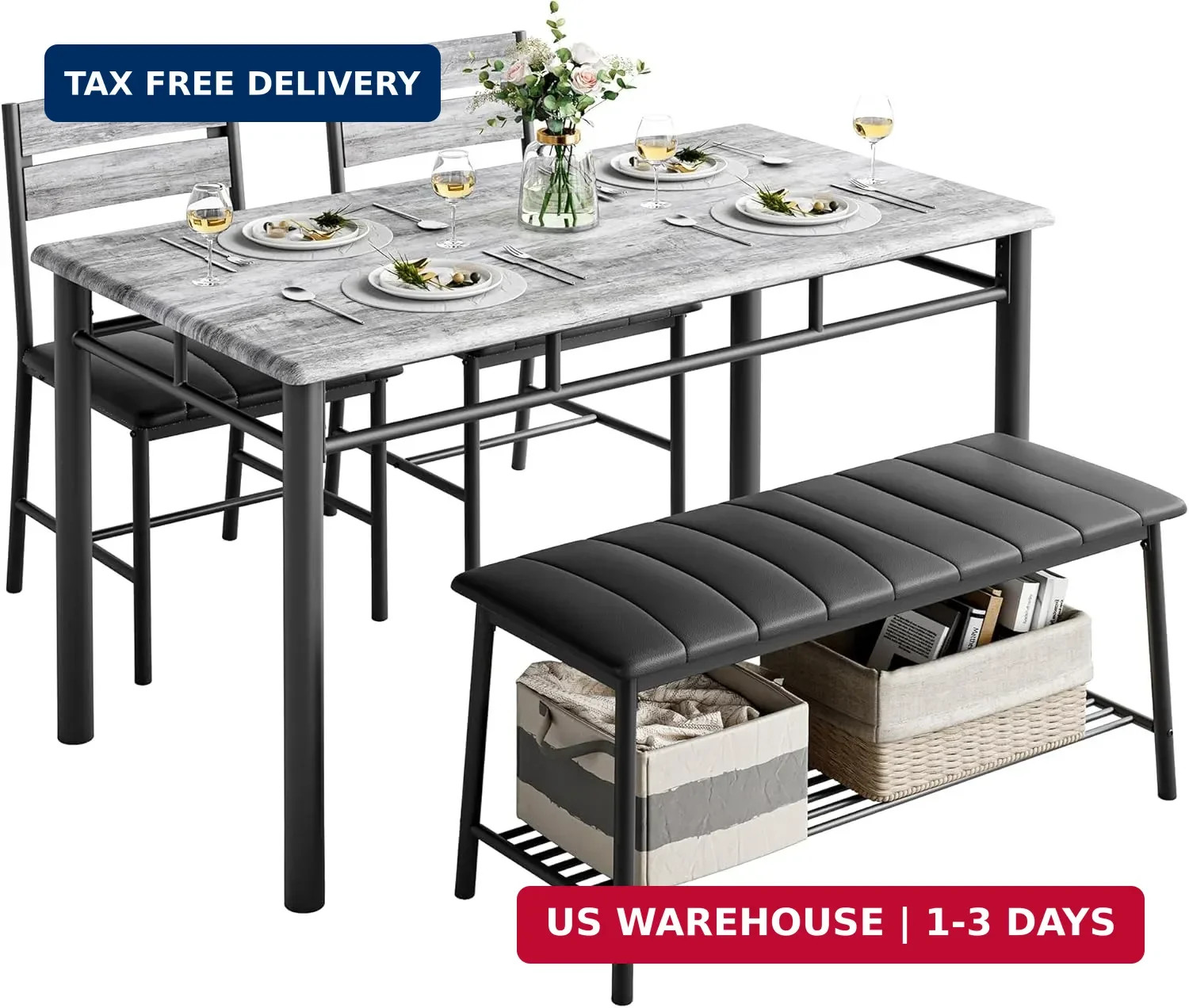 4 Piece Dining Table Set with Upholstered Bench 2 Chairs Gray for Small Space