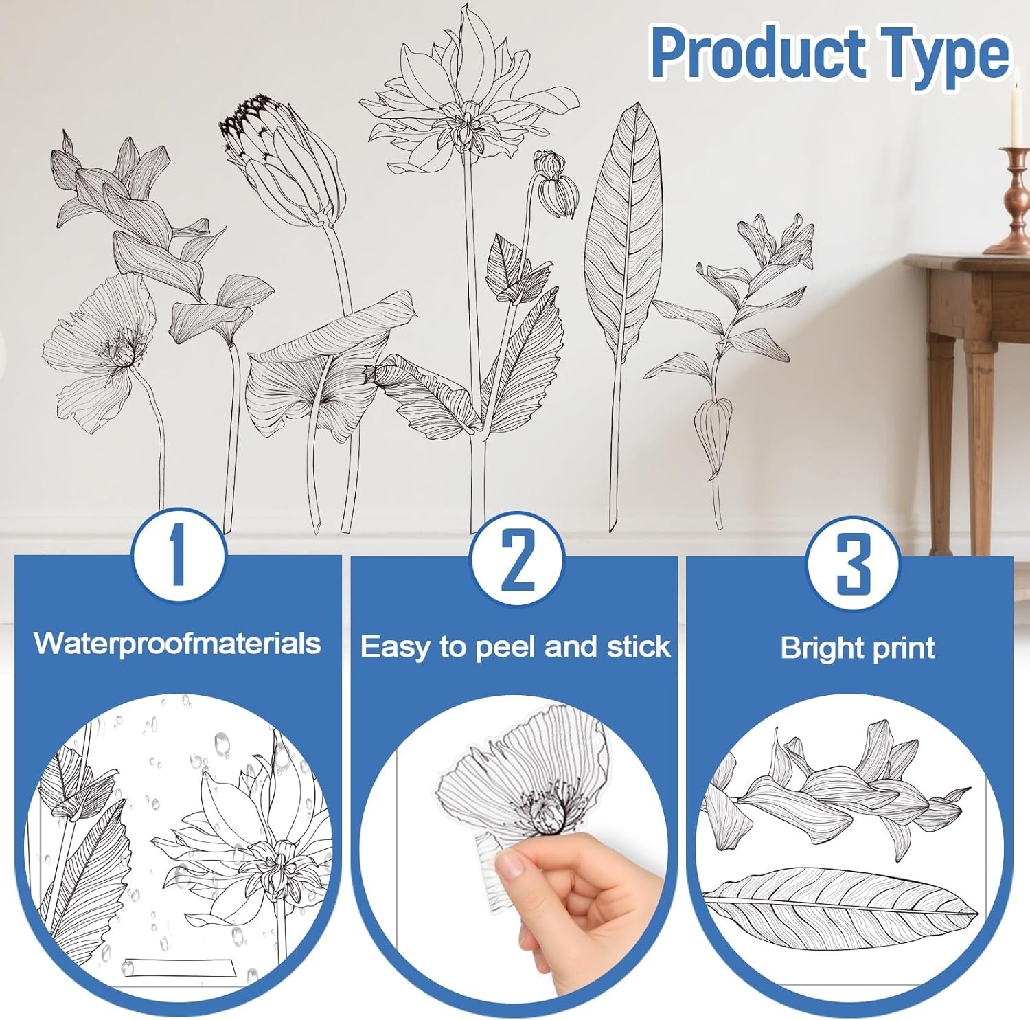 Minimalist Floral Wall Decals Line Art Flower & Leaf Wall Stickers Removable