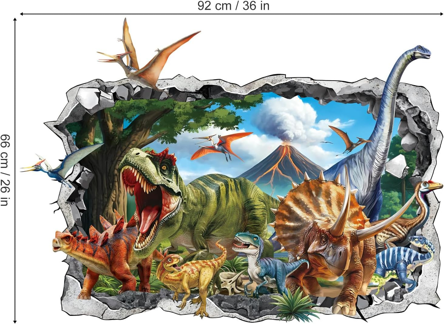 3D Dinosaur Wall Stickers Large Dino Crack Hole Dinosaur Animals Volcano Wall De