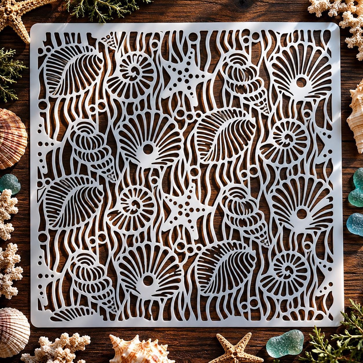 Ocean Shell Stencil Coastal Wall Beach House Decor Reusable Mylar Template