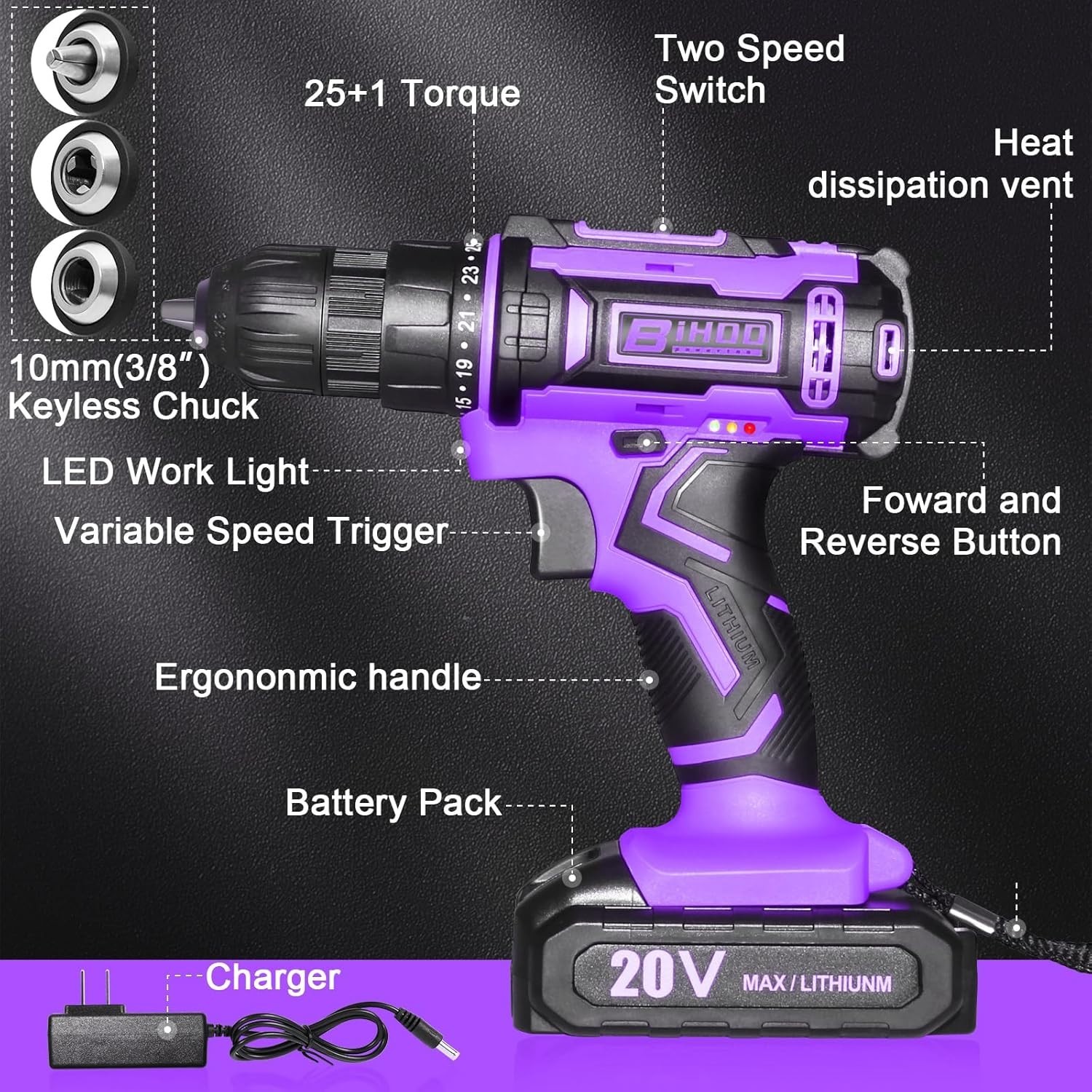Purple Cordless Drill Set,20V Drill Driver with Battery and Charger,3/8-Inch …
