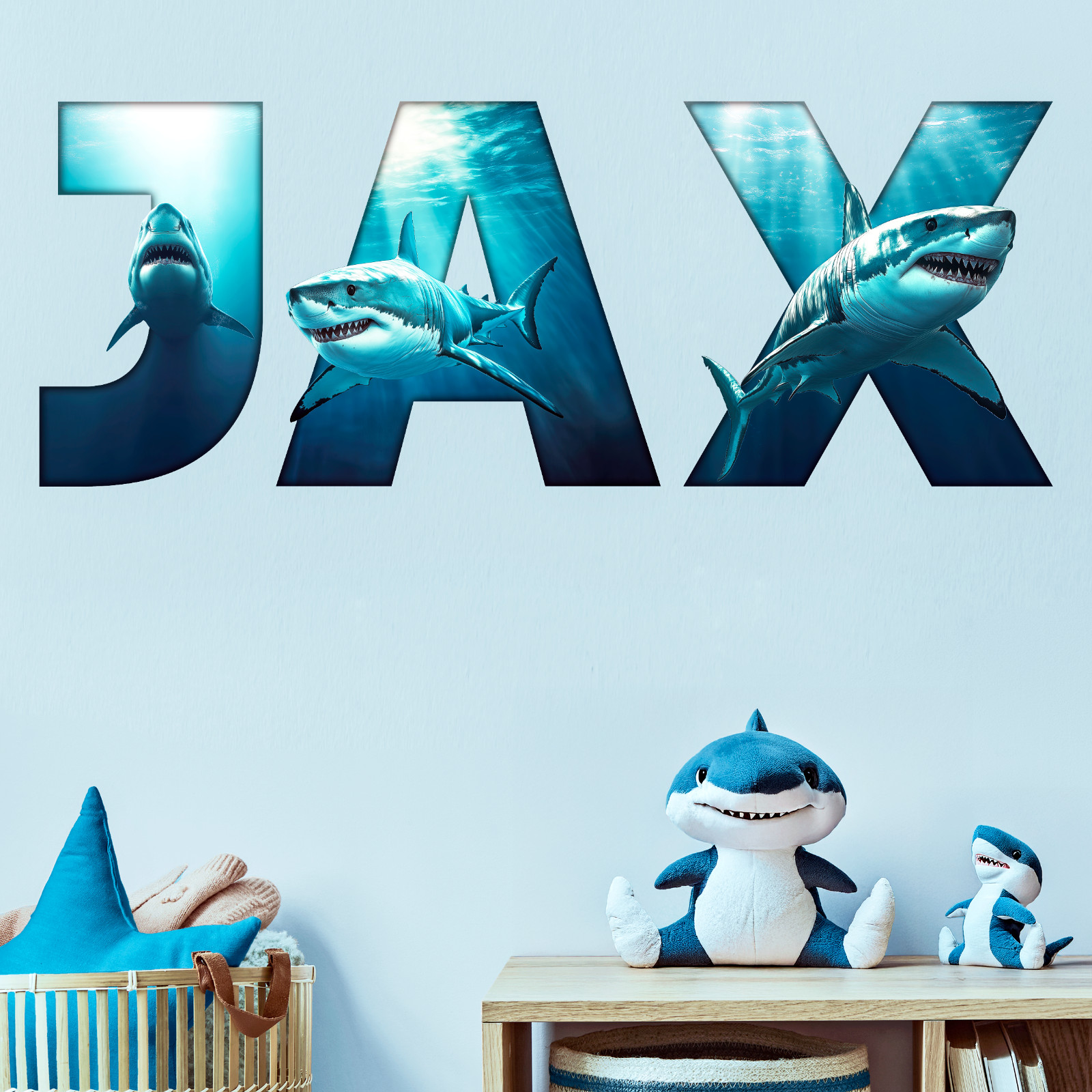 Custom Shark Name Wall Decal Sticker for Kids Bed Room, Boys Great White Decor