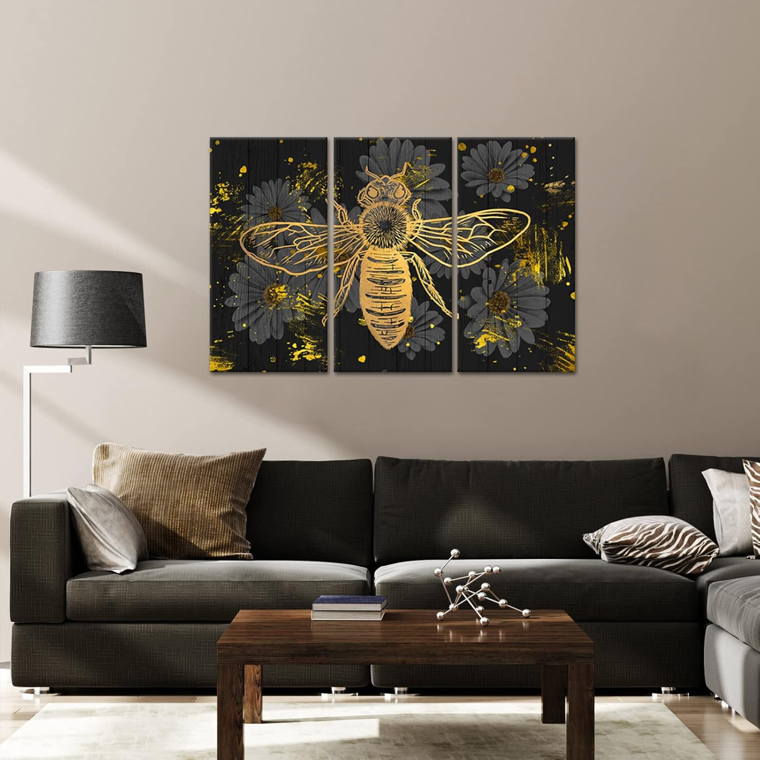 Bee Canvas Wall Decor Bumblebee Honey Daisy Flower Painting Picture Black and Go