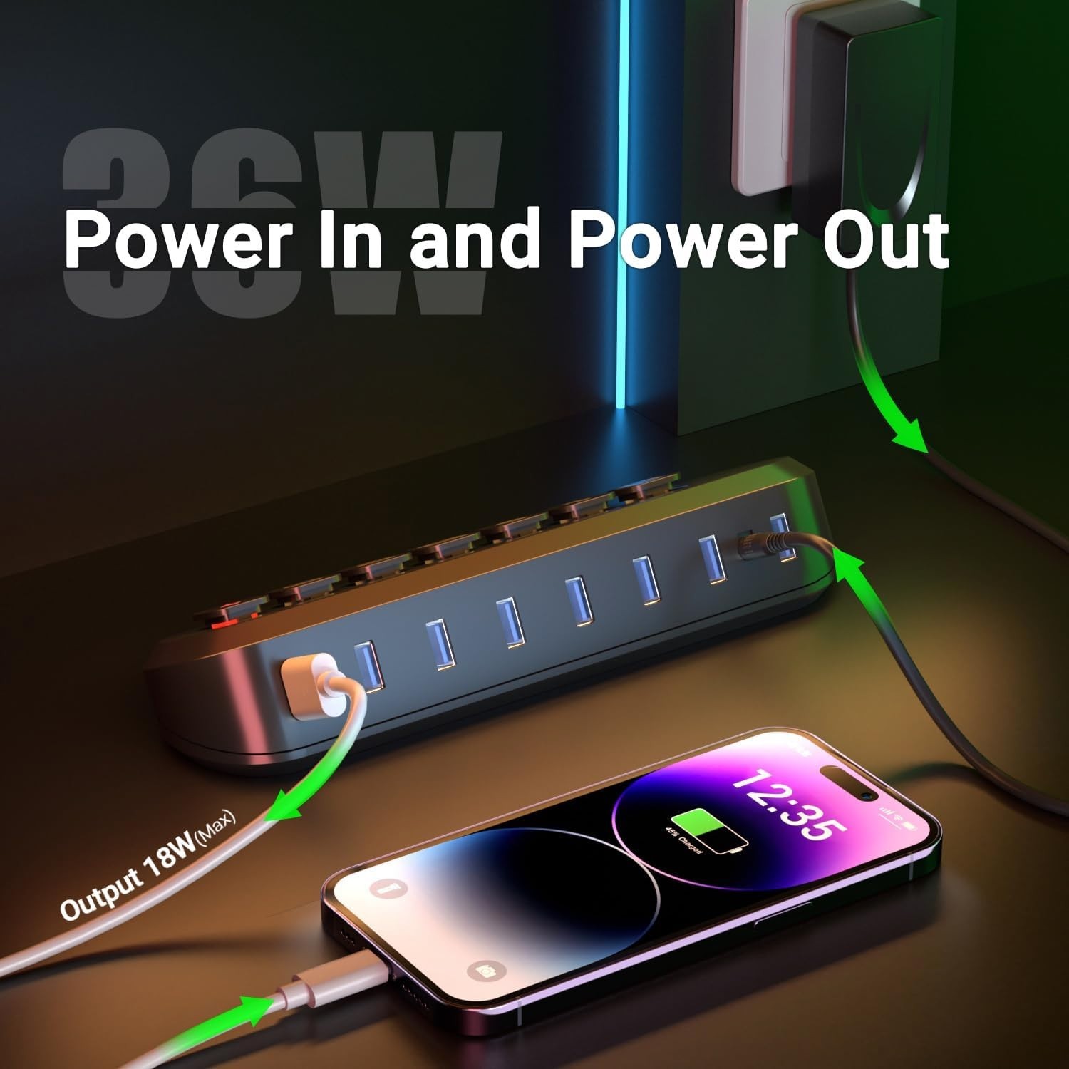 Powered USB 3.0 Hub: 7 Ports with 6 Superspeed Sharing & Fast Charge Capability