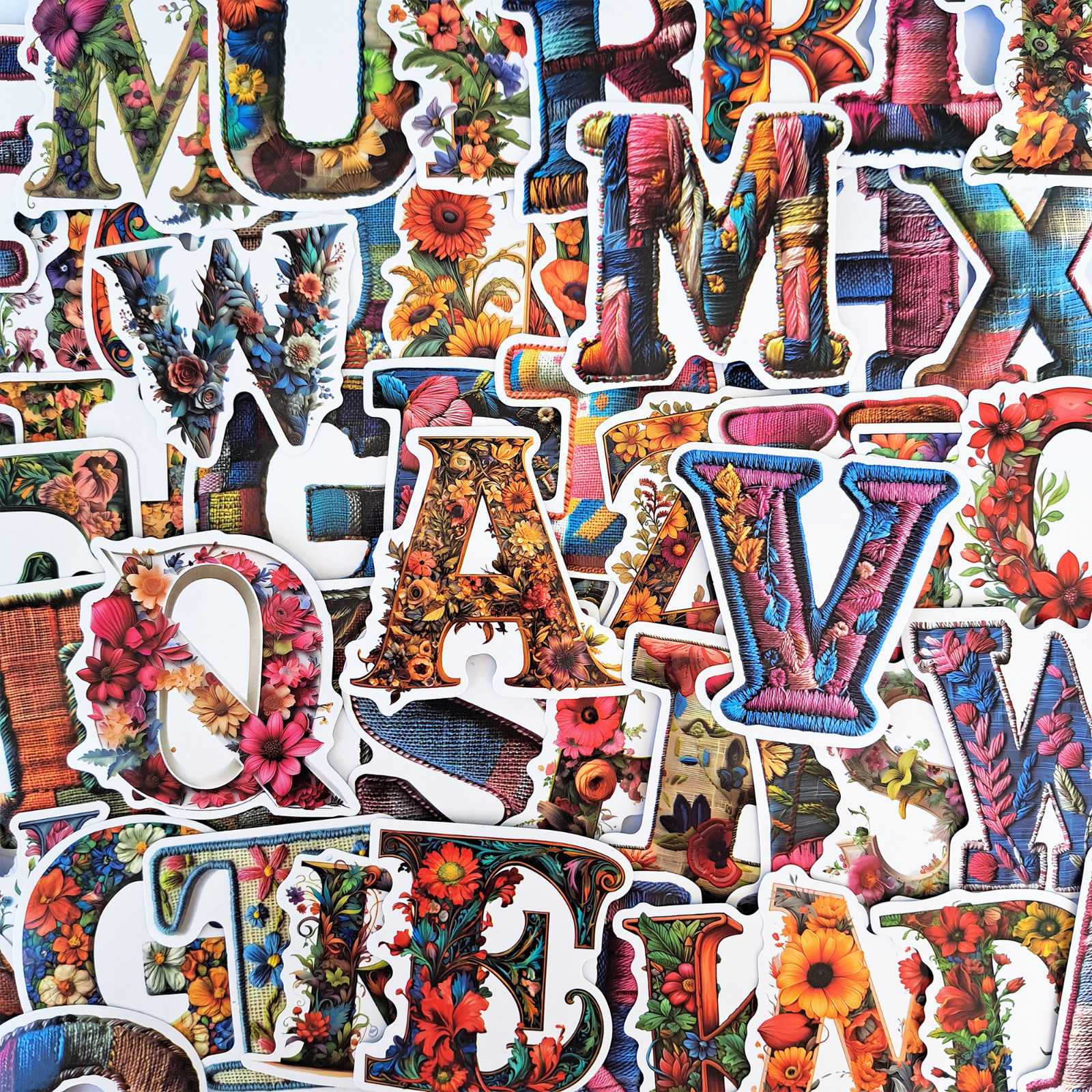 52 PCS Floral Alphabet Sticker Pack Knitted Patchwork Decorative Letters Crafts