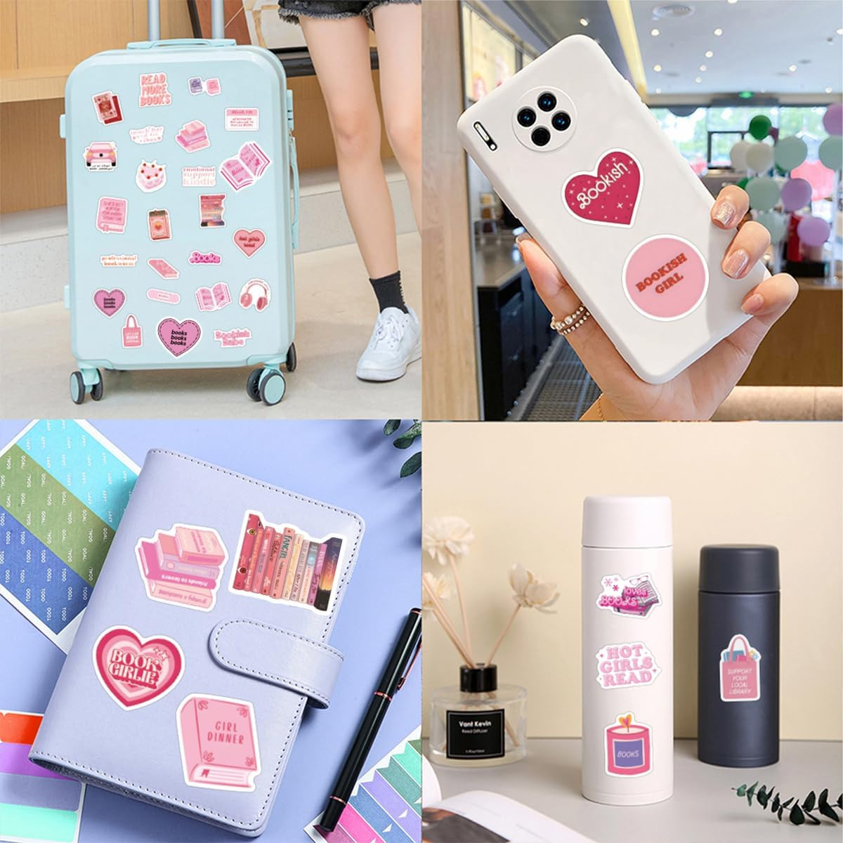 Pink Bookish Stickers, 60 PCS, Vinyl PVC, Waterproof, Rectangular, Decorative