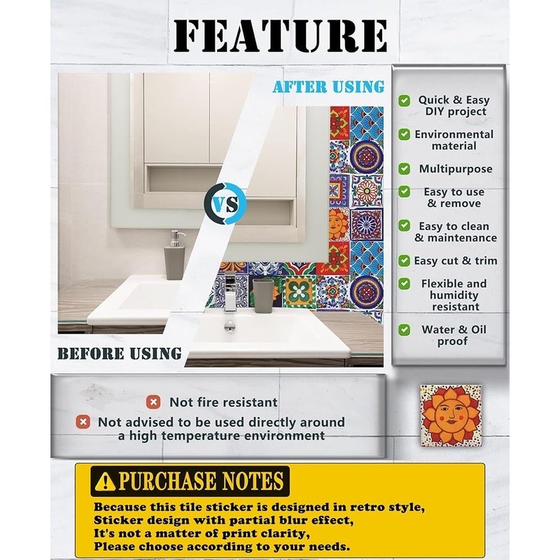 Waterproof Moroccan Tile Stickers PVC Wall Decals Easy Peel Stick DIY Decor New