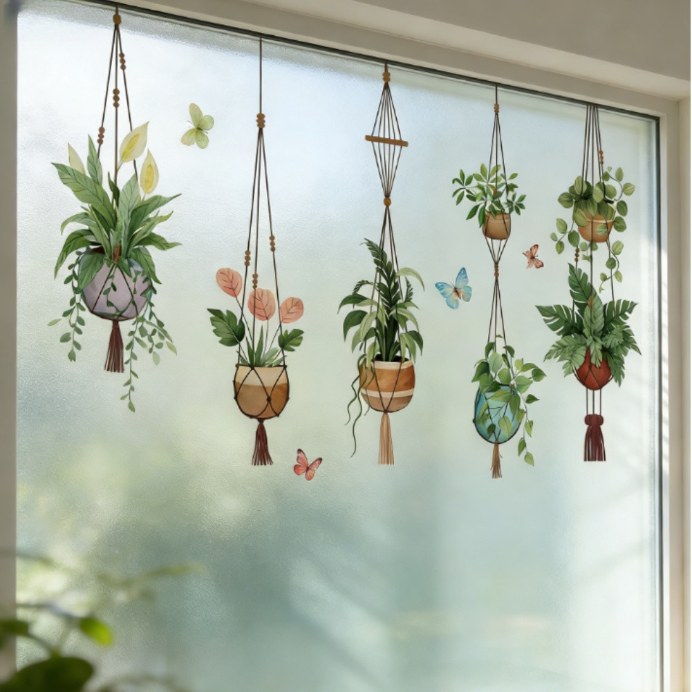 Window Stickers with Spring Potted Plant Design for Home Wall Decoration Green