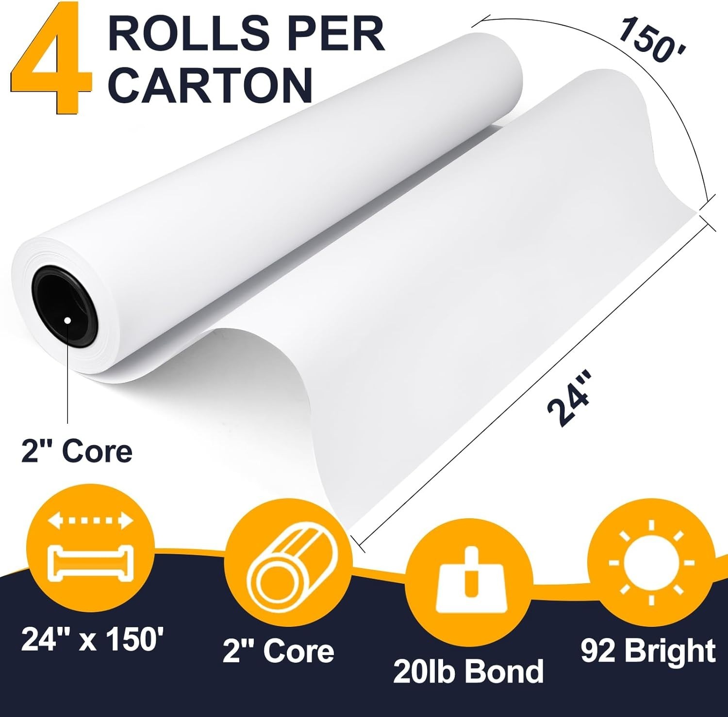 Wide Format Paper,4 Rolls Plotter Paper 24 in X 150 Ft, CAD Bond Rolls,20Lb,Bond